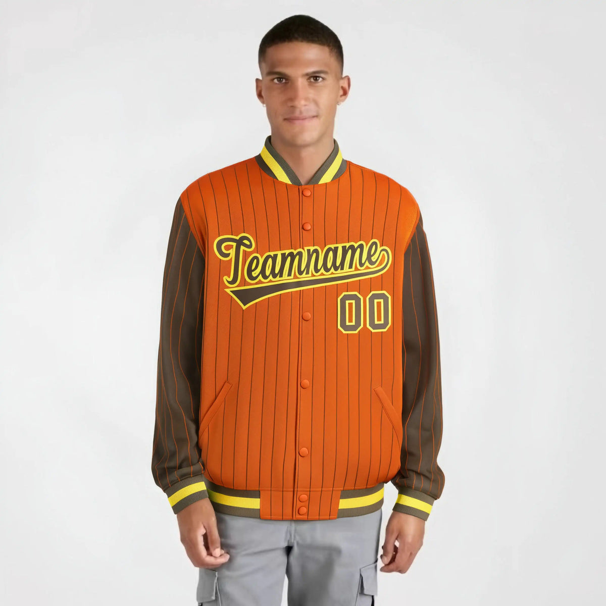 Custom Orange Ligth Brown-Orange Personalized Stripe Fashion Letterman Bomber Varsity Jacket