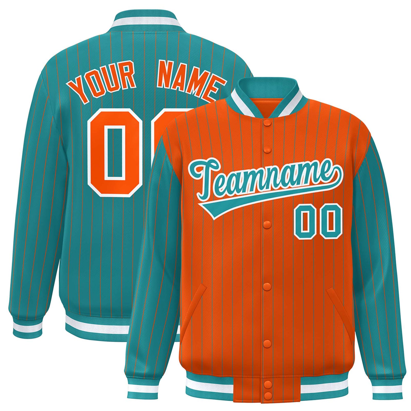 Custom Orange Aqua-Orange Personalized Stripe Fashion Letterman Bomber Varsity Jacket
