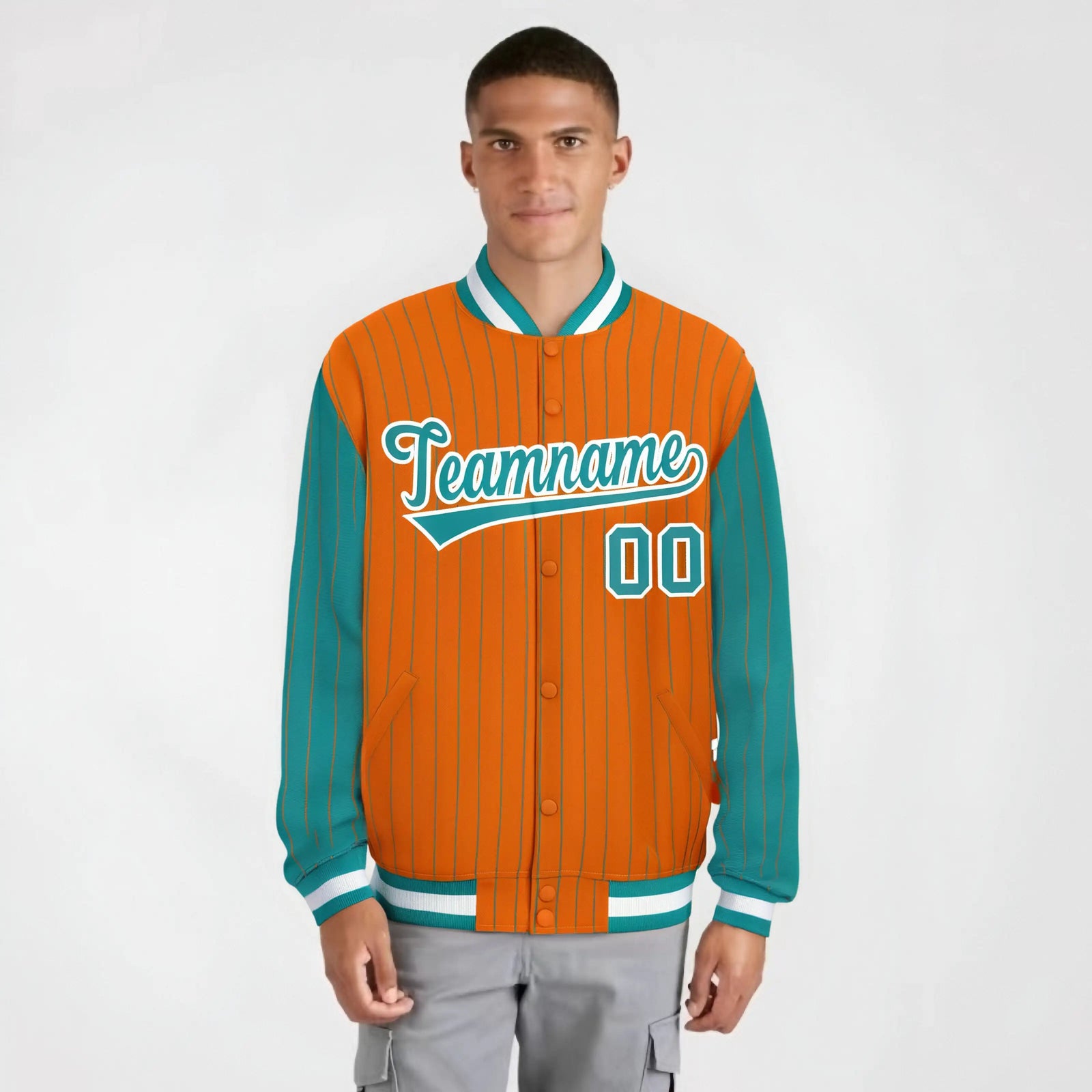 Custom Orange Aqua-Orange Personalized Stripe Fashion Letterman Bomber Varsity Jacket