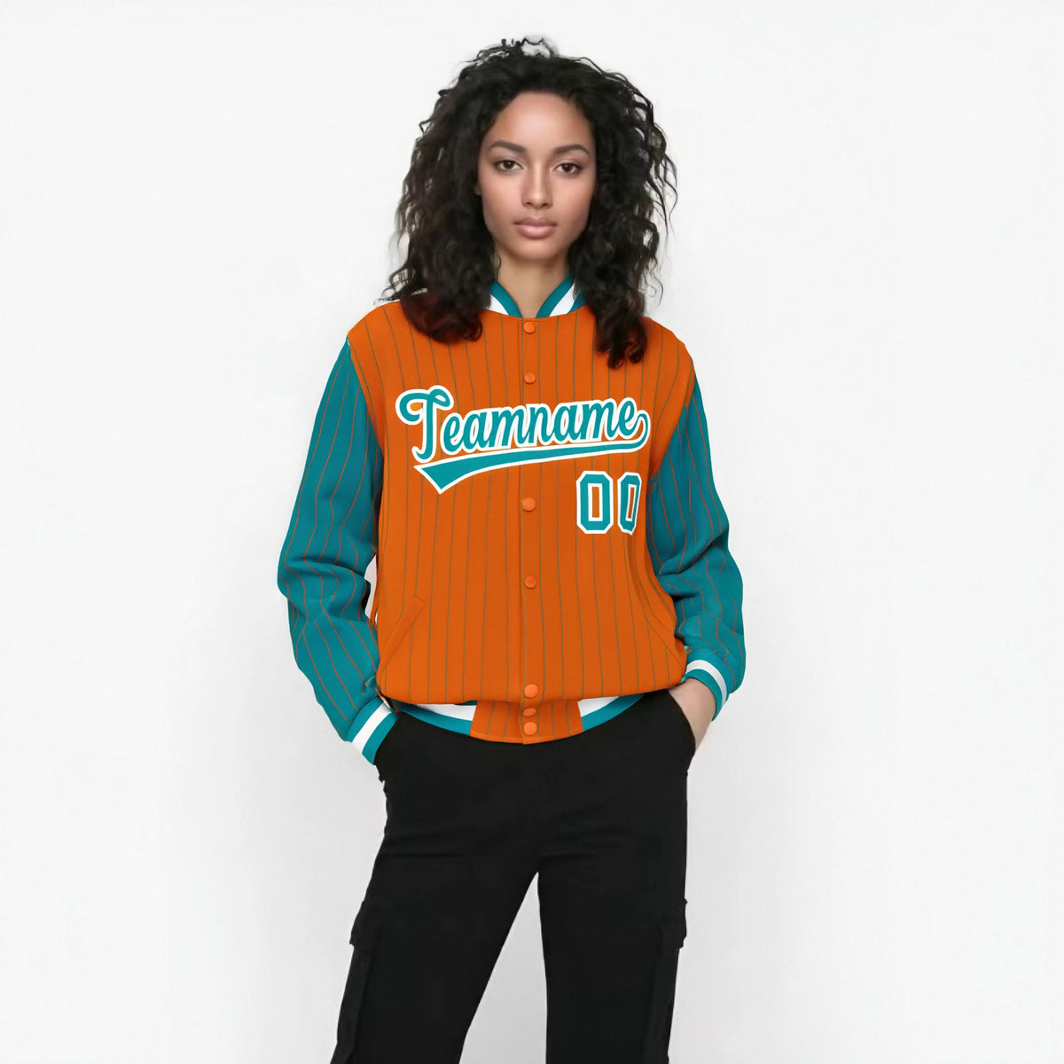 Custom Orange Aqua-Orange Personalized Stripe Fashion Letterman Bomber Varsity Jacket