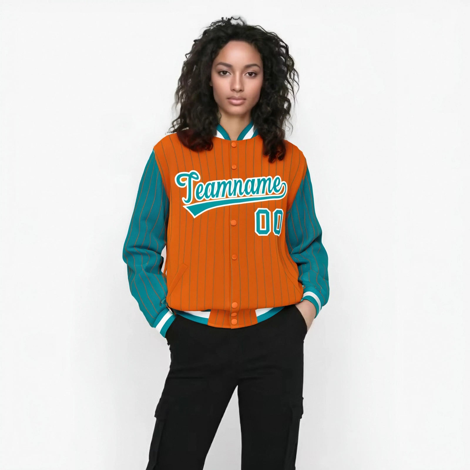 Custom Orange Aqua-Orange Personalized Stripe Fashion Letterman Bomber Varsity Jacket