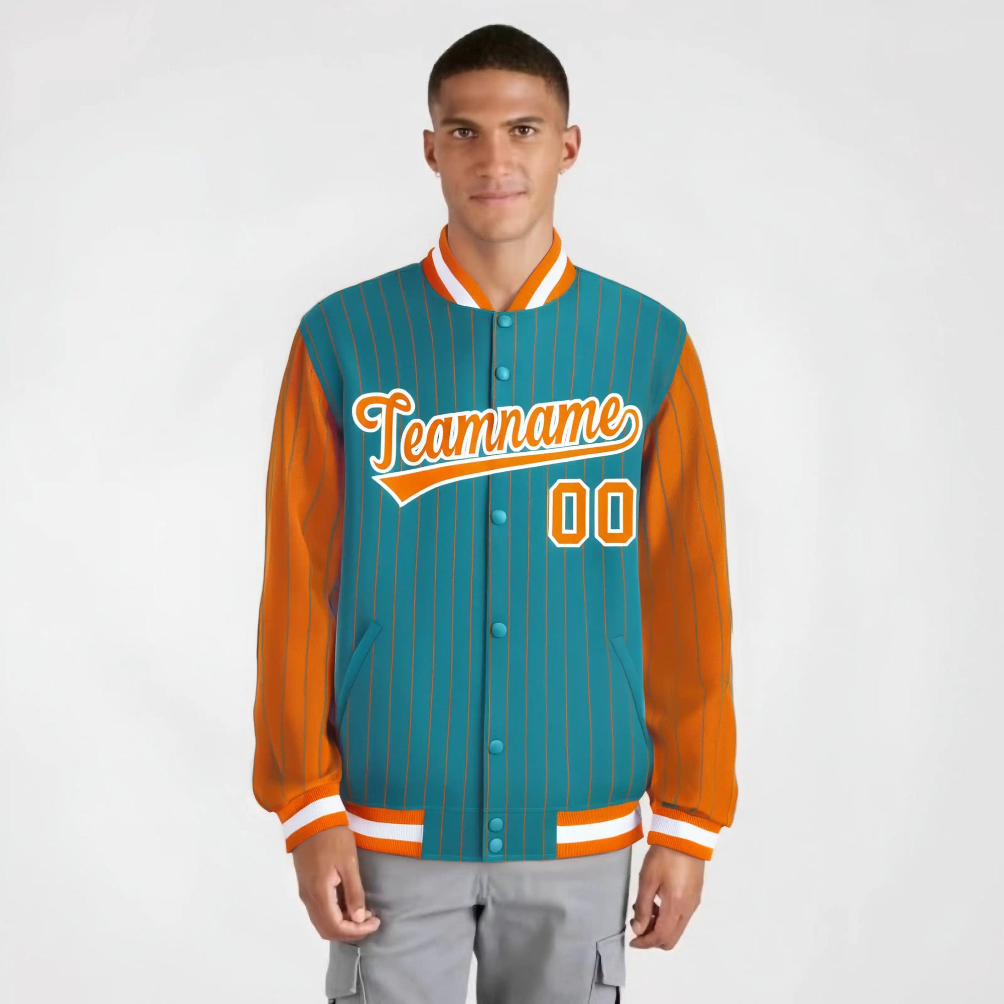 Custom Aqua Orange-Aqua Personalized Stripe Fashion Letterman Bomber Varsity Jacket