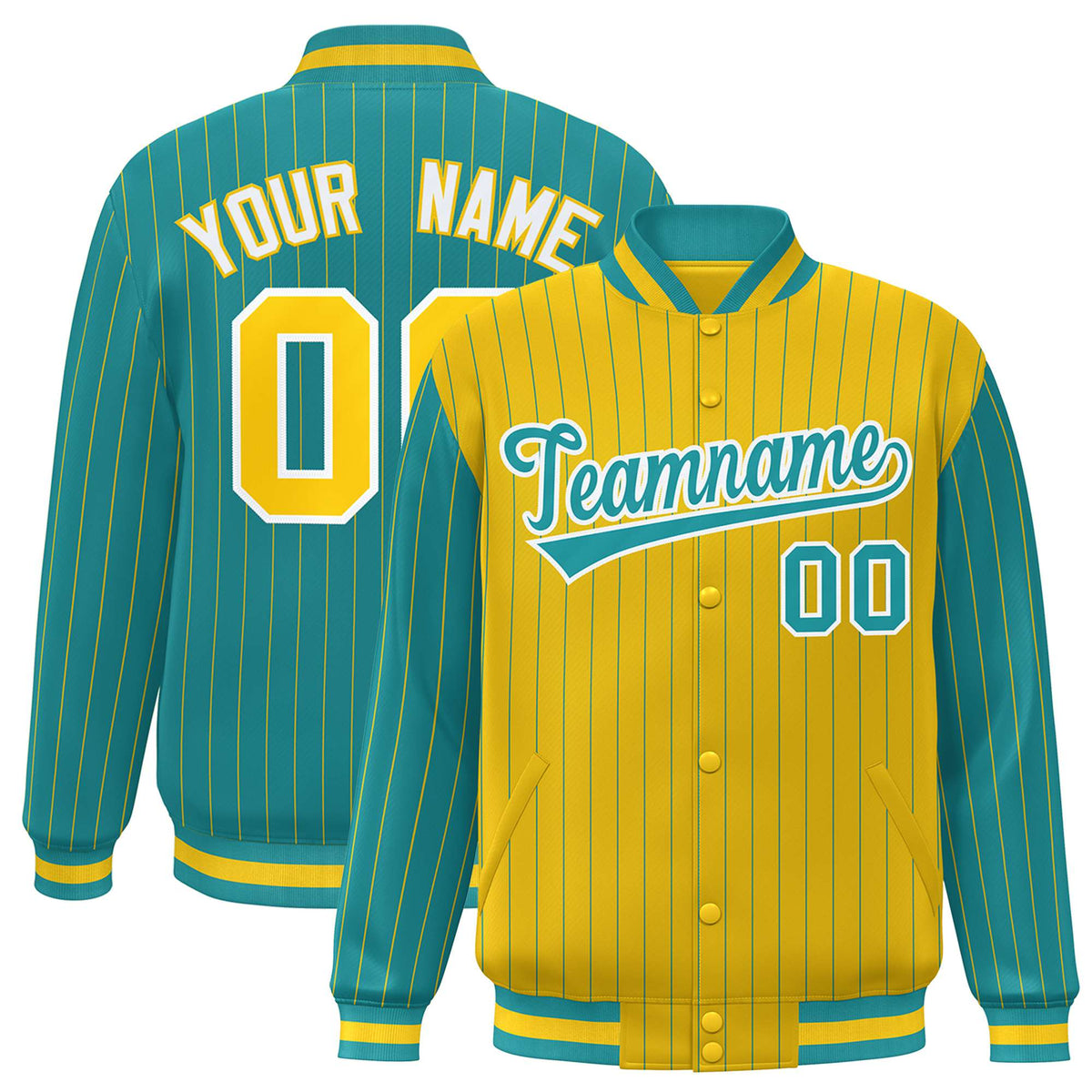 Custom Gold Aqua-Gold Personalized Stripe Fashion Letterman Bomber Varsity Jacket