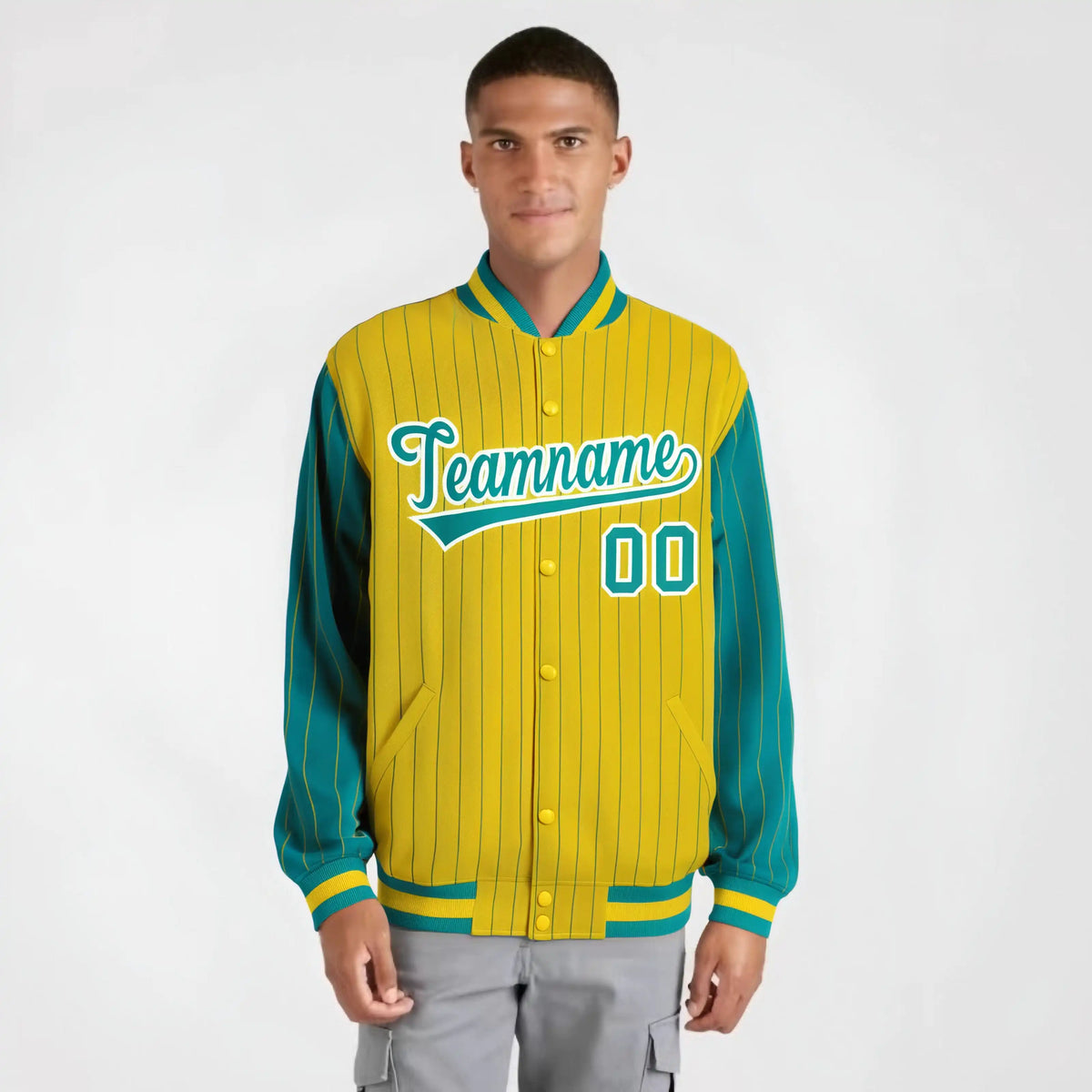 Custom Gold Aqua-Gold Personalized Stripe Fashion Letterman Bomber Varsity Jacket