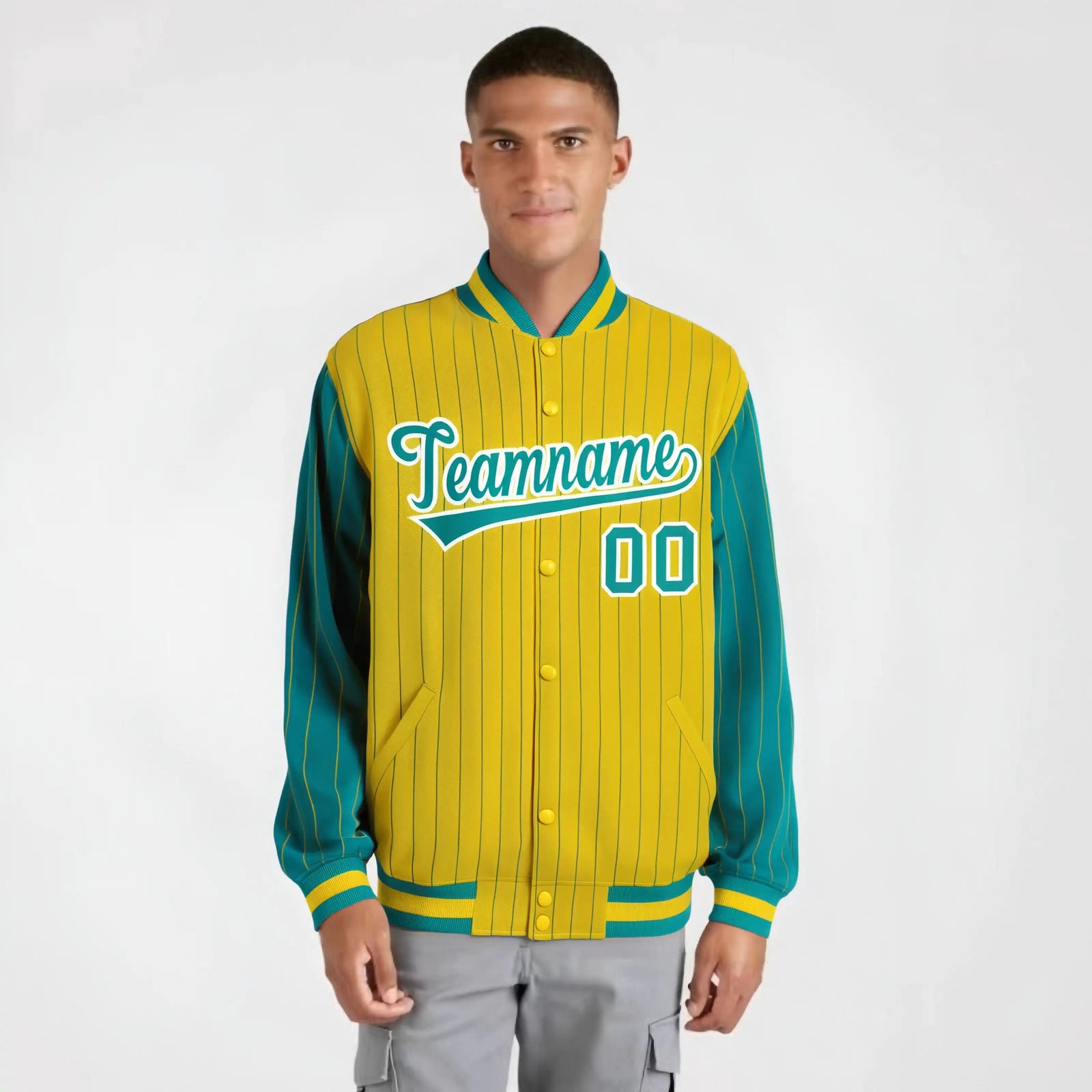 Custom Gold Aqua-Gold Personalized Stripe Fashion Letterman Bomber Varsity Jacket