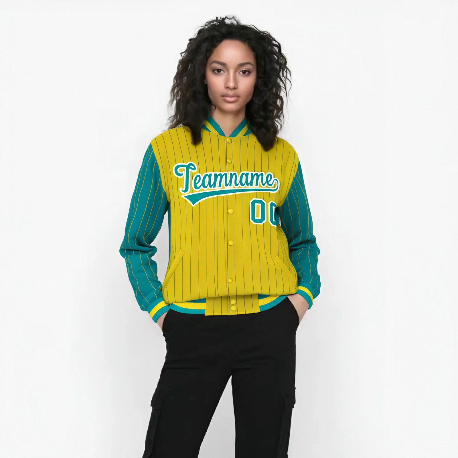 Custom Gold Aqua-Gold Personalized Stripe Fashion Letterman Bomber Varsity Jacket