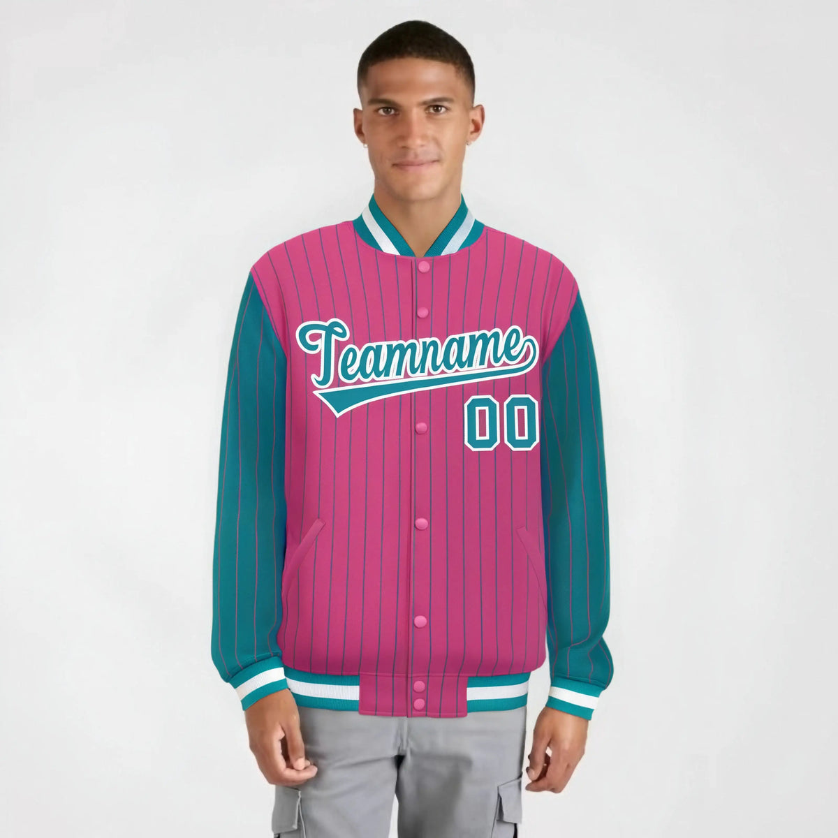 Custom Pink Aqua-Pink Personalized Stripe Fashion Letterman Bomber Varsity Jacket