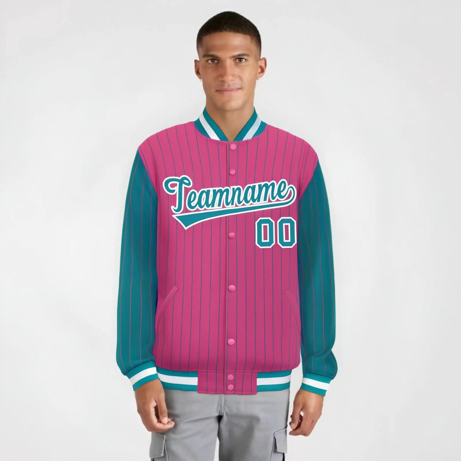 Custom Pink Aqua-Pink Personalized Stripe Fashion Letterman Bomber Varsity Jacket