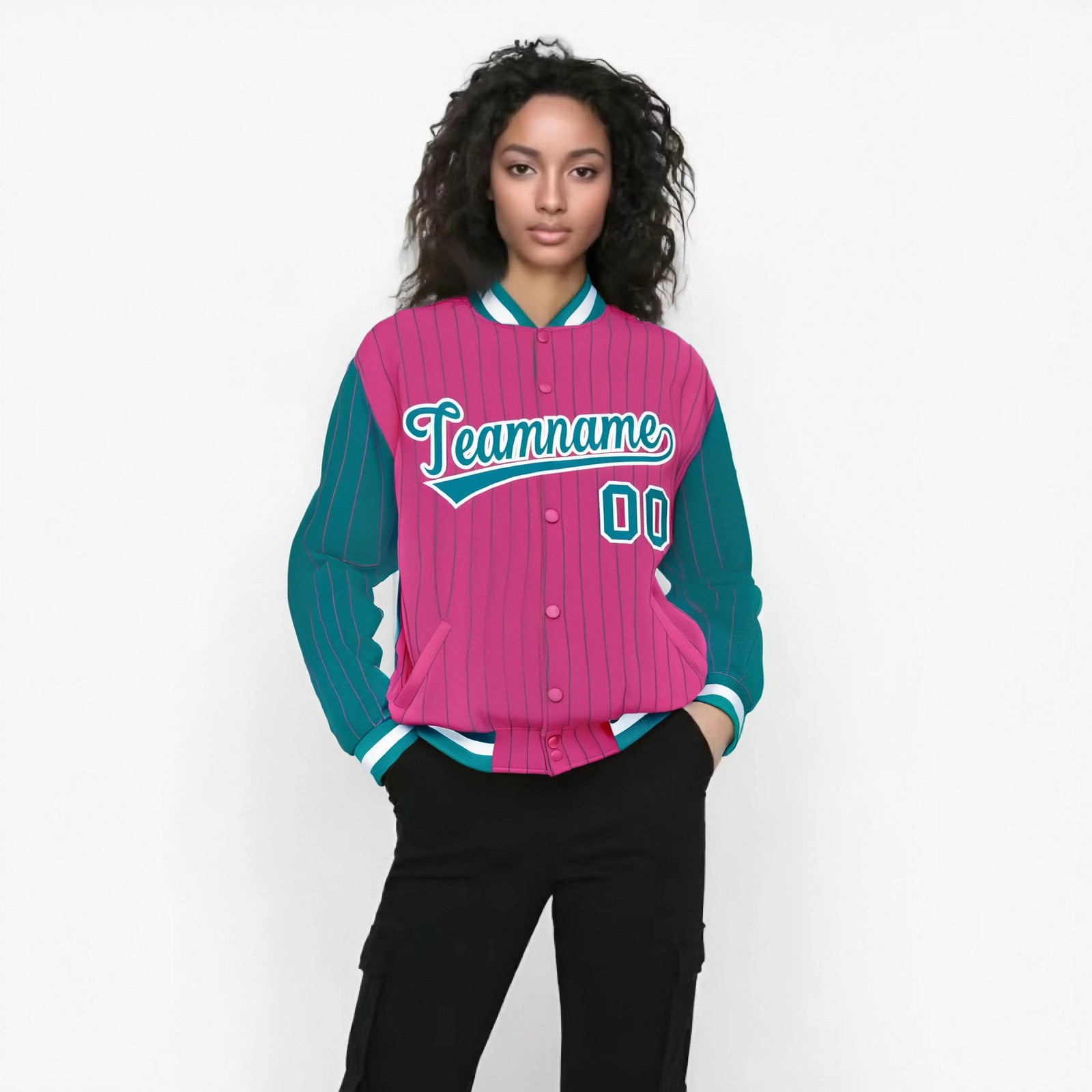 Custom Pink Aqua-Pink Personalized Stripe Fashion Letterman Bomber Varsity Jacket