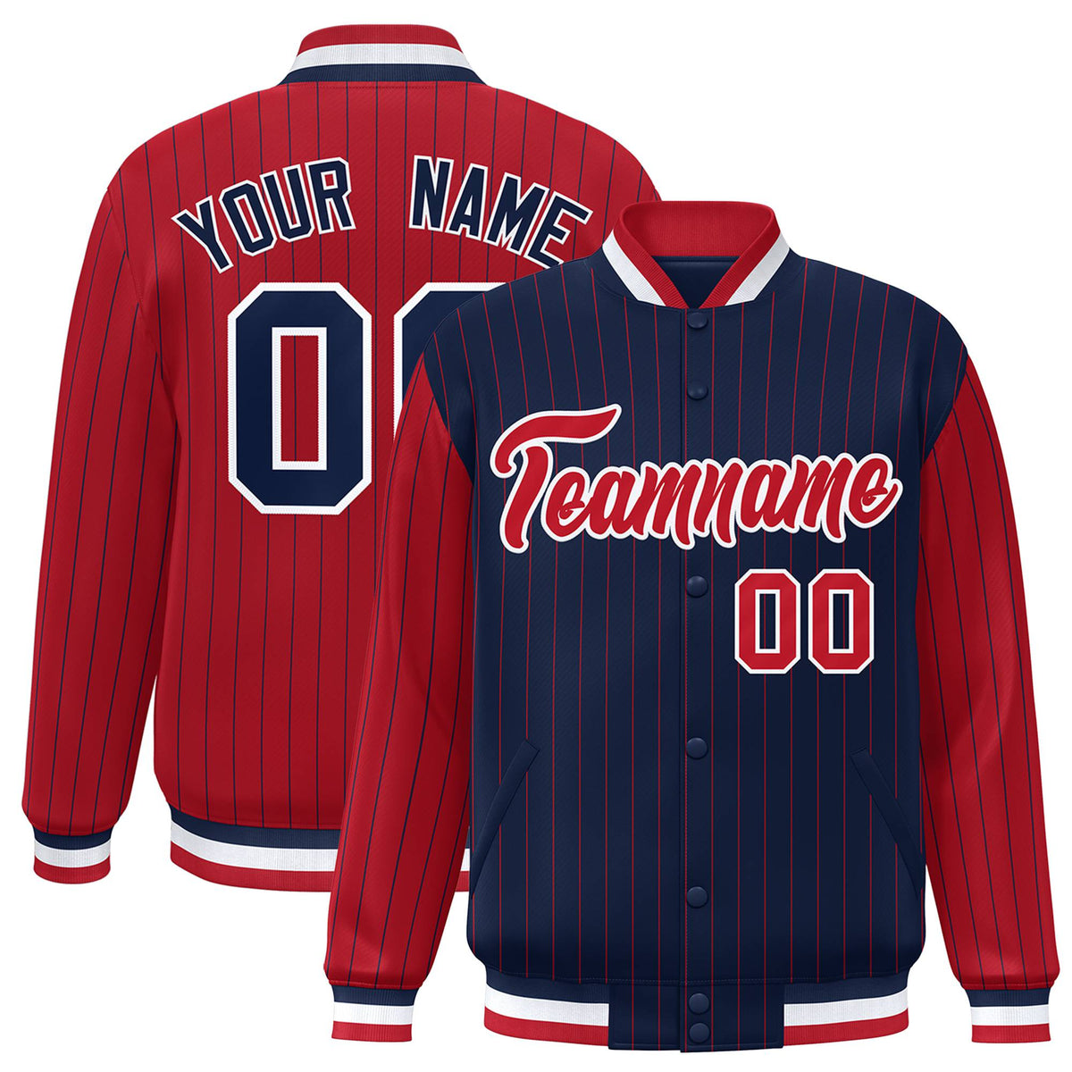 Custom Navy Red-Navy Personalized Stripe Fashion Letterman Bomber Varsity Jacket