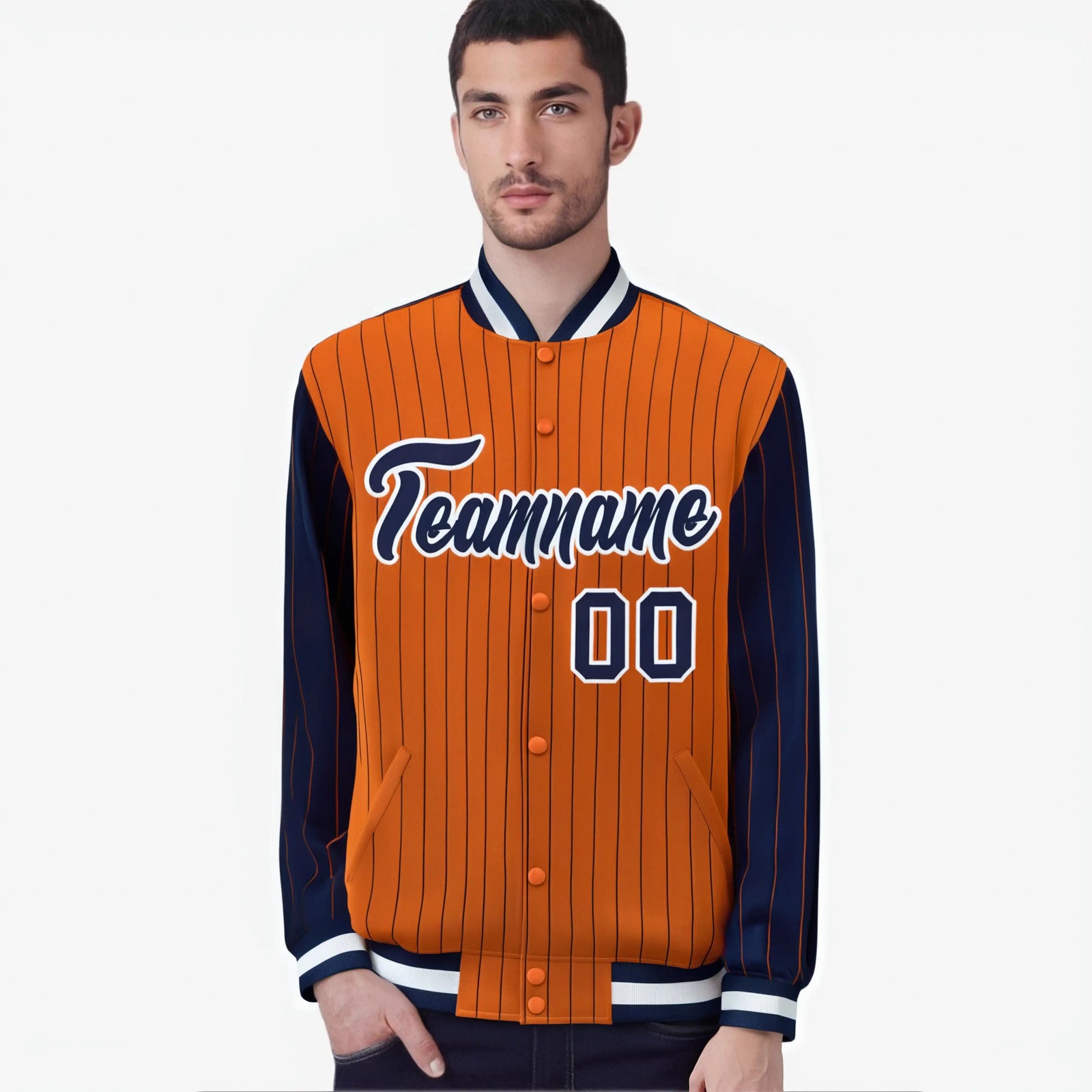 Custom Orange Navy-Orange Personalized Stripe Fashion Letterman Bomber Varsity Jacket