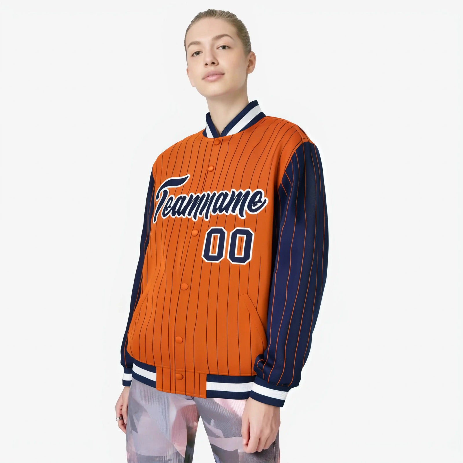 Custom Orange Navy-Orange Personalized Stripe Fashion Letterman Bomber Varsity Jacket