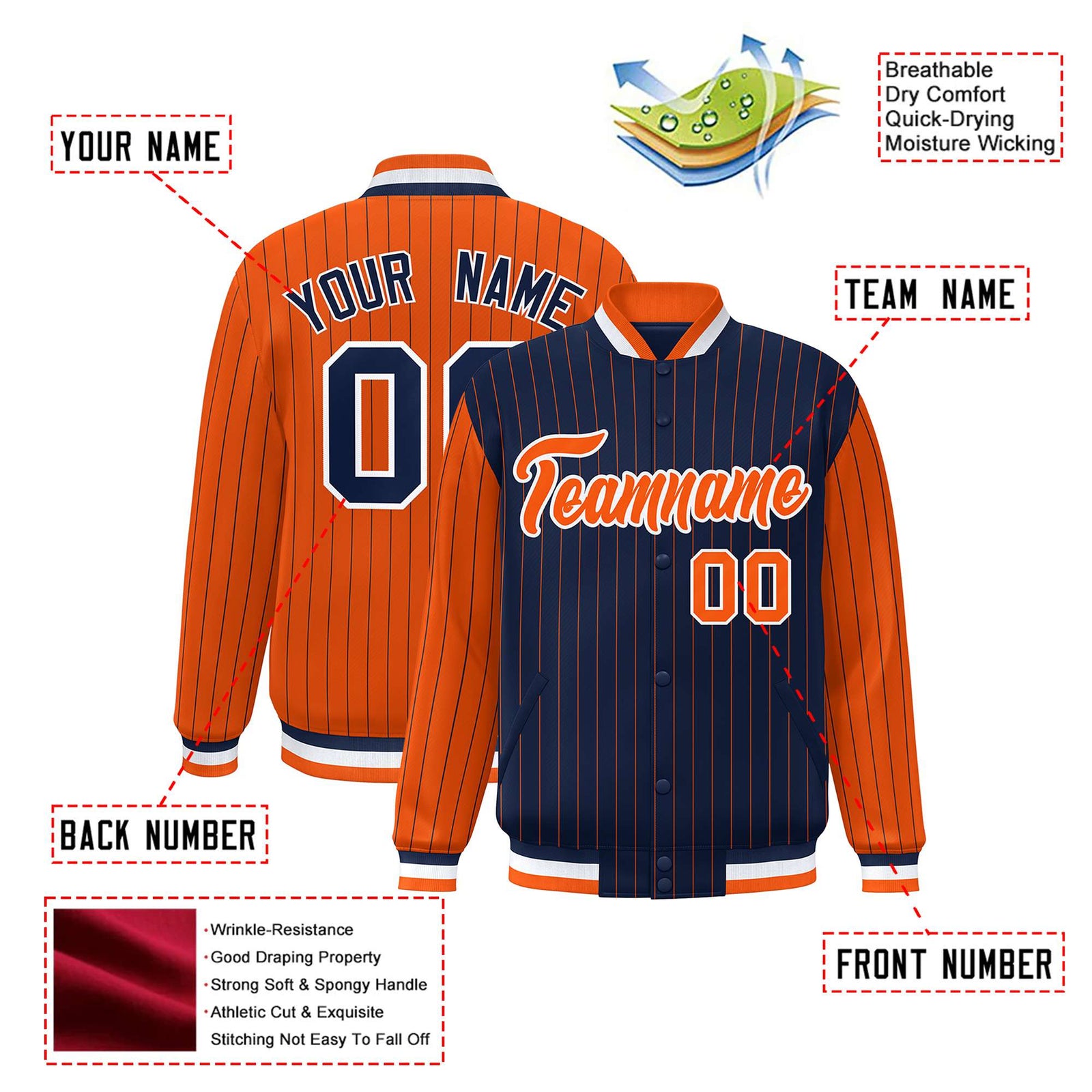 Custom Navy Orange-Navy Personalized Stripe Fashion Letterman Bomber Varsity Jacket