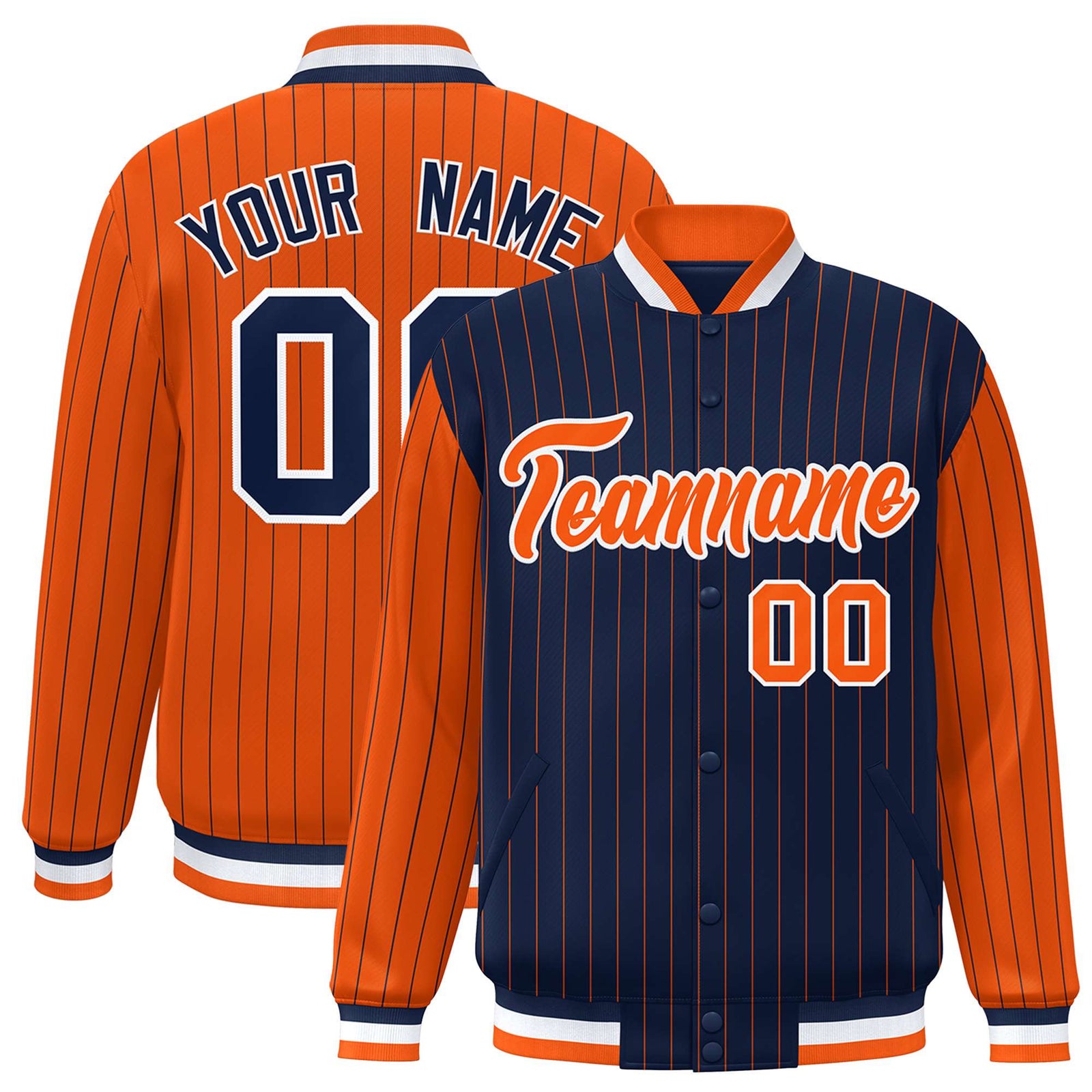 Custom Navy Orange-Navy Personalized Stripe Fashion Letterman Bomber Varsity Jacket