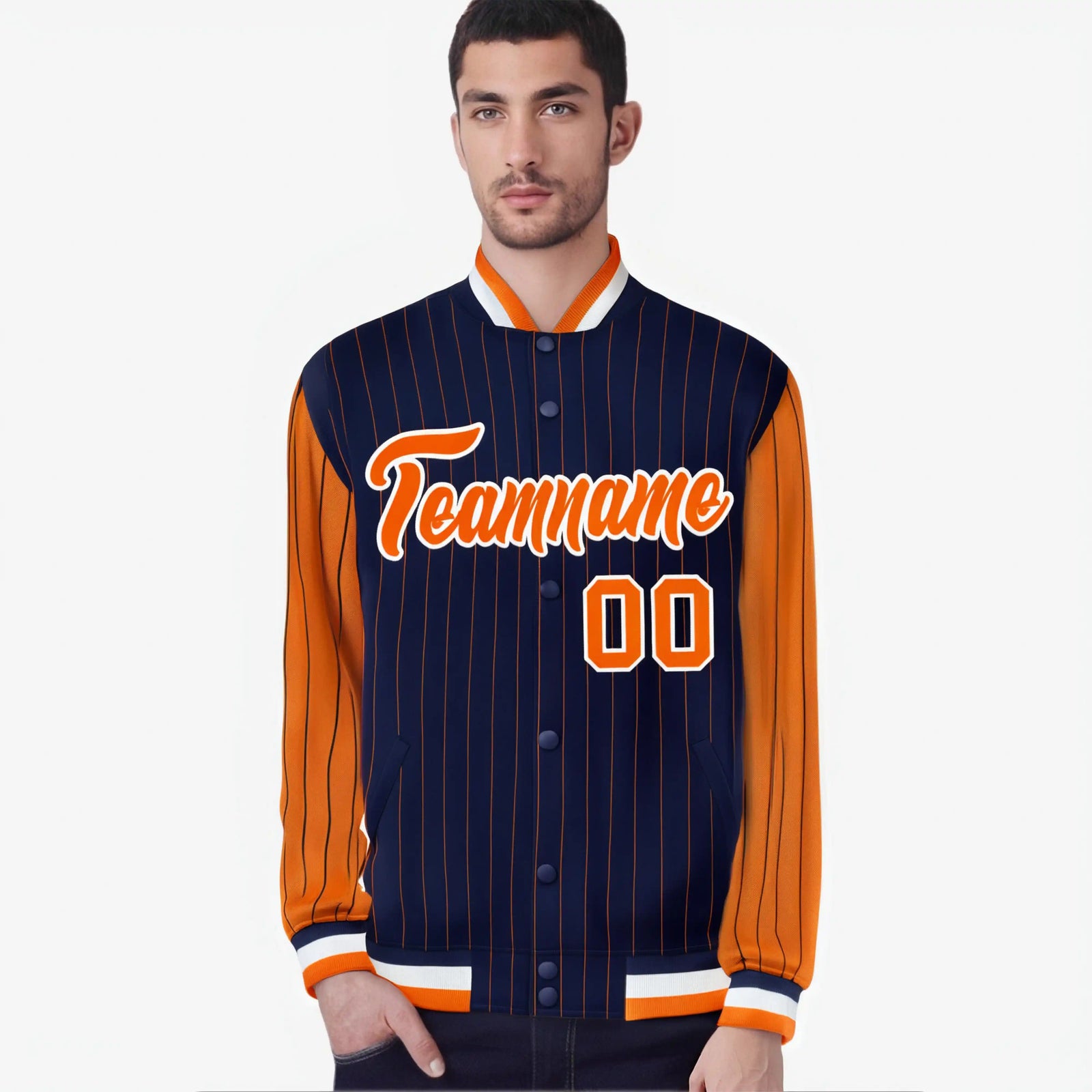 Custom Navy Orange-Navy Personalized Stripe Fashion Letterman Bomber Varsity Jacket