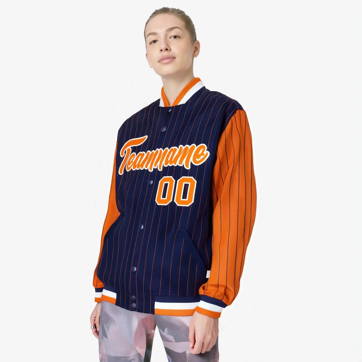 Custom Navy Orange-Navy Personalized Stripe Fashion Letterman Bomber Varsity Jacket