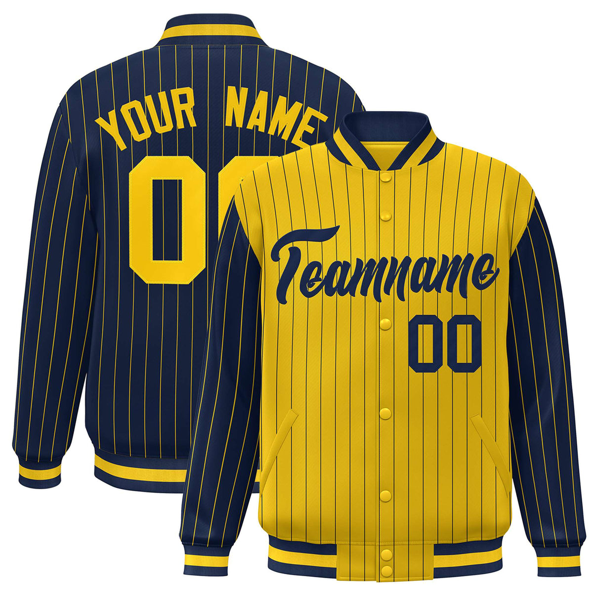 Custom Gold Navy-Gold Personalized Stripe Fashion Letterman Bomber Varsity Jacket