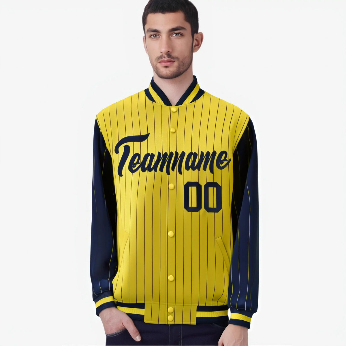 Custom Gold Navy-Gold Personalized Stripe Fashion Letterman Bomber Varsity Jacket