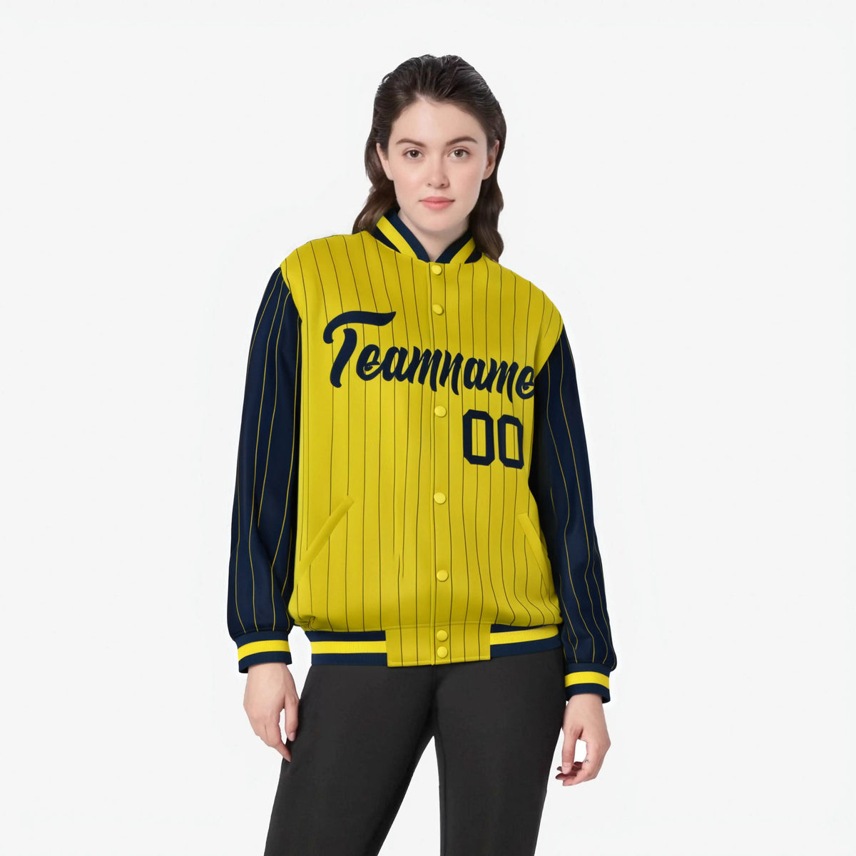 Custom Gold Navy-Gold Personalized Stripe Fashion Letterman Bomber Varsity Jacket
