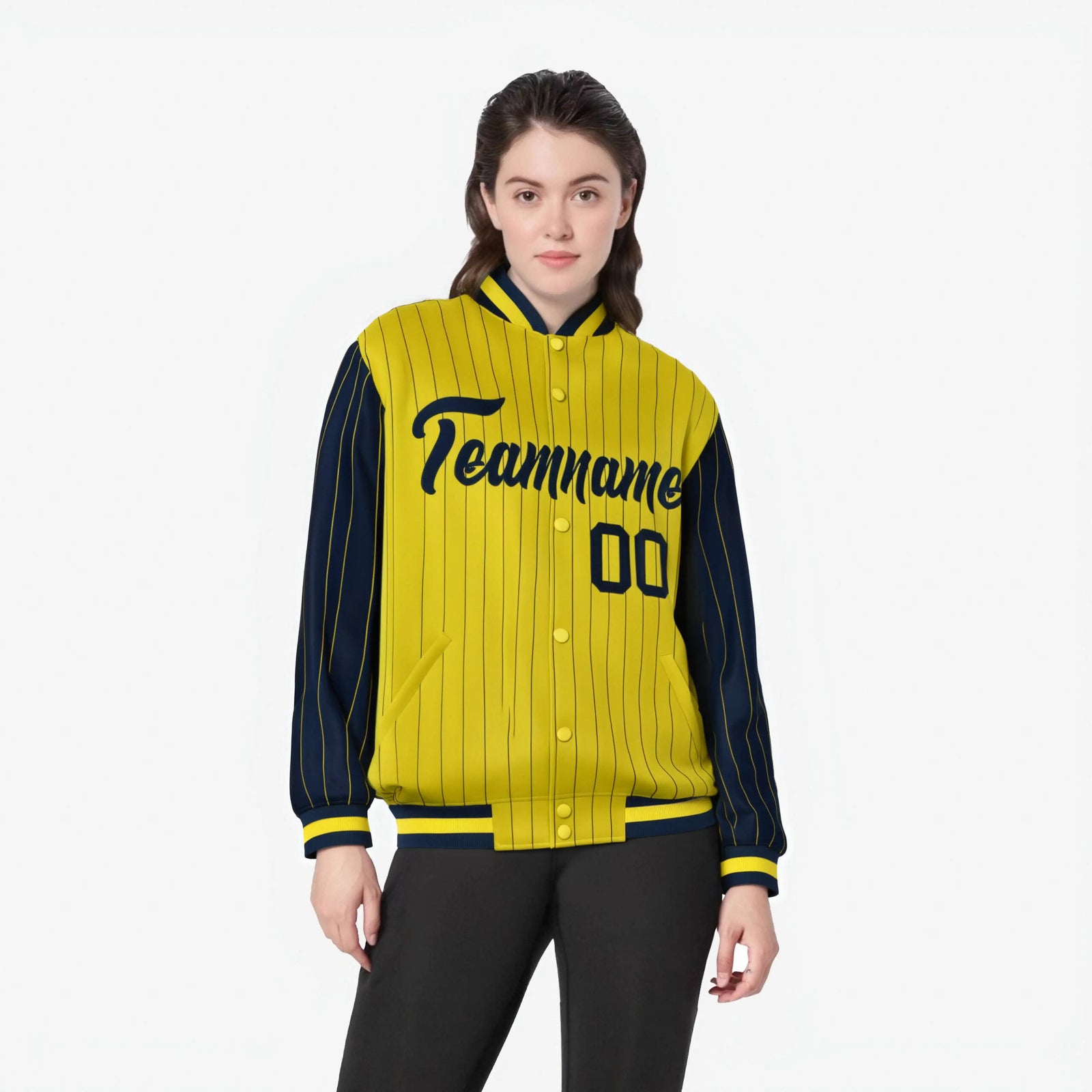 Custom Gold Navy-Gold Personalized Stripe Fashion Letterman Bomber Varsity Jacket
