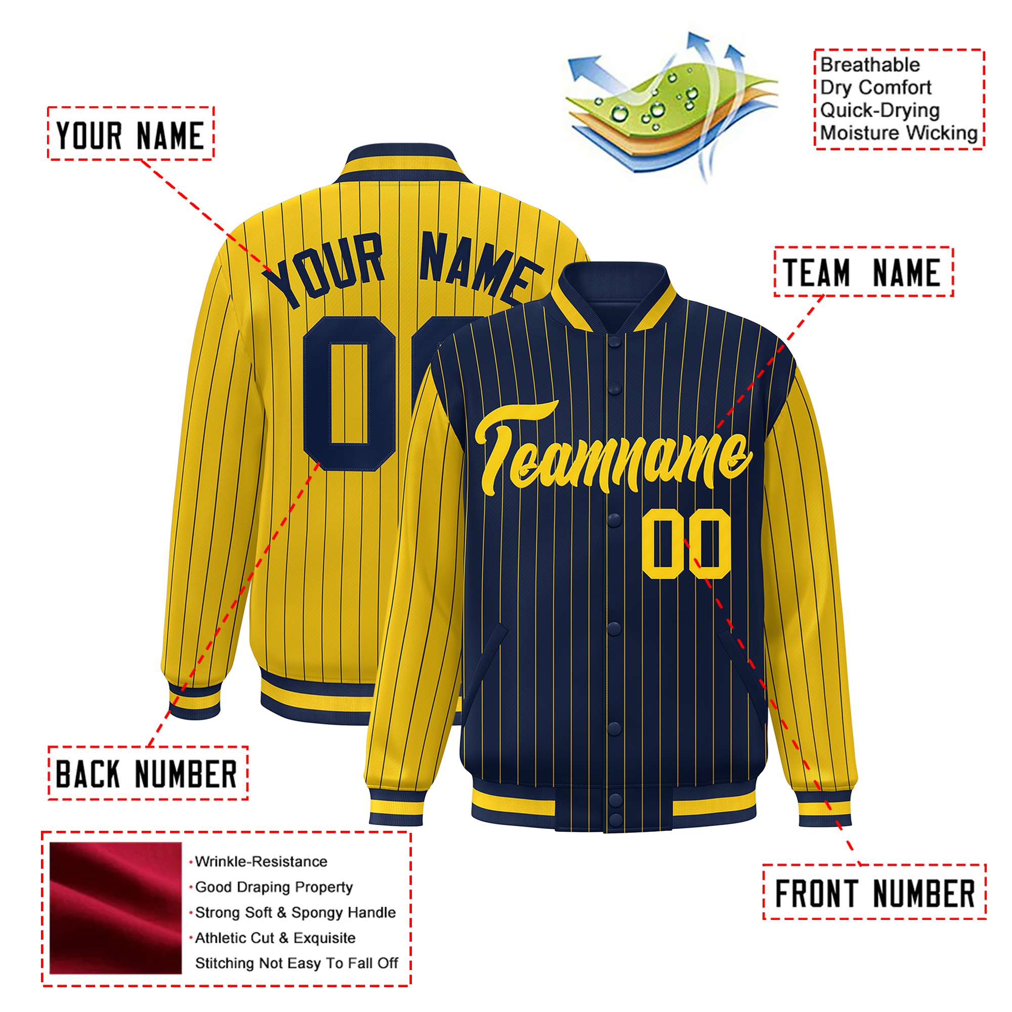 Custom Navy Gold-Navy Personalized Stripe Fashion Letterman Bomber Varsity Jacket