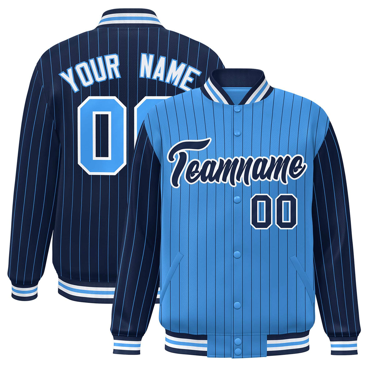 Custom Powder Blue Navy-Powder Blue Personalized Stripe Fashion Letterman Bomber Varsity Jacket