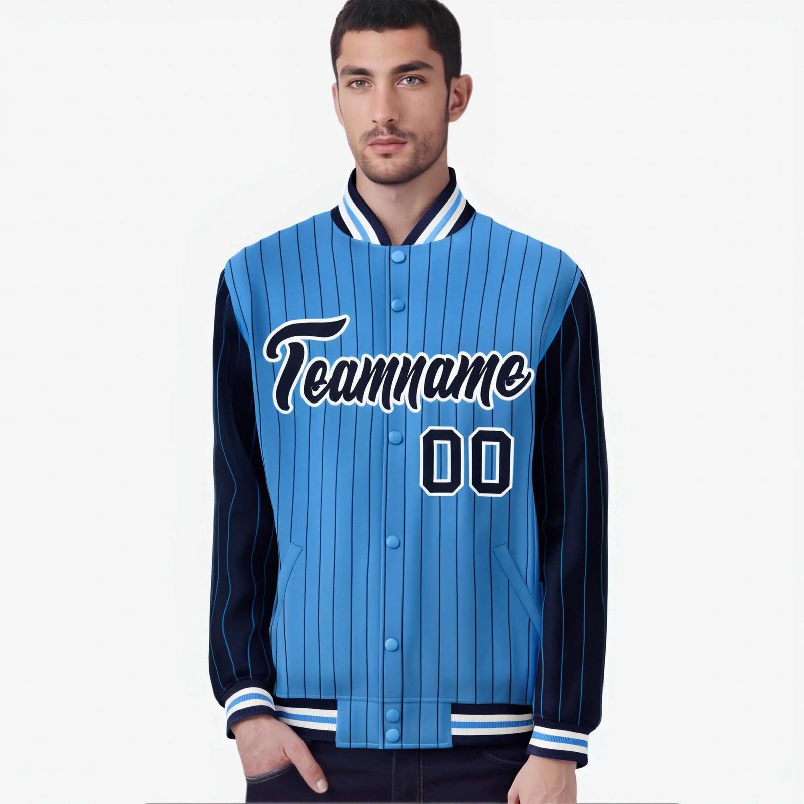 Custom Powder Blue Navy-Powder Blue Personalized Stripe Fashion Letterman Bomber Varsity Jacket