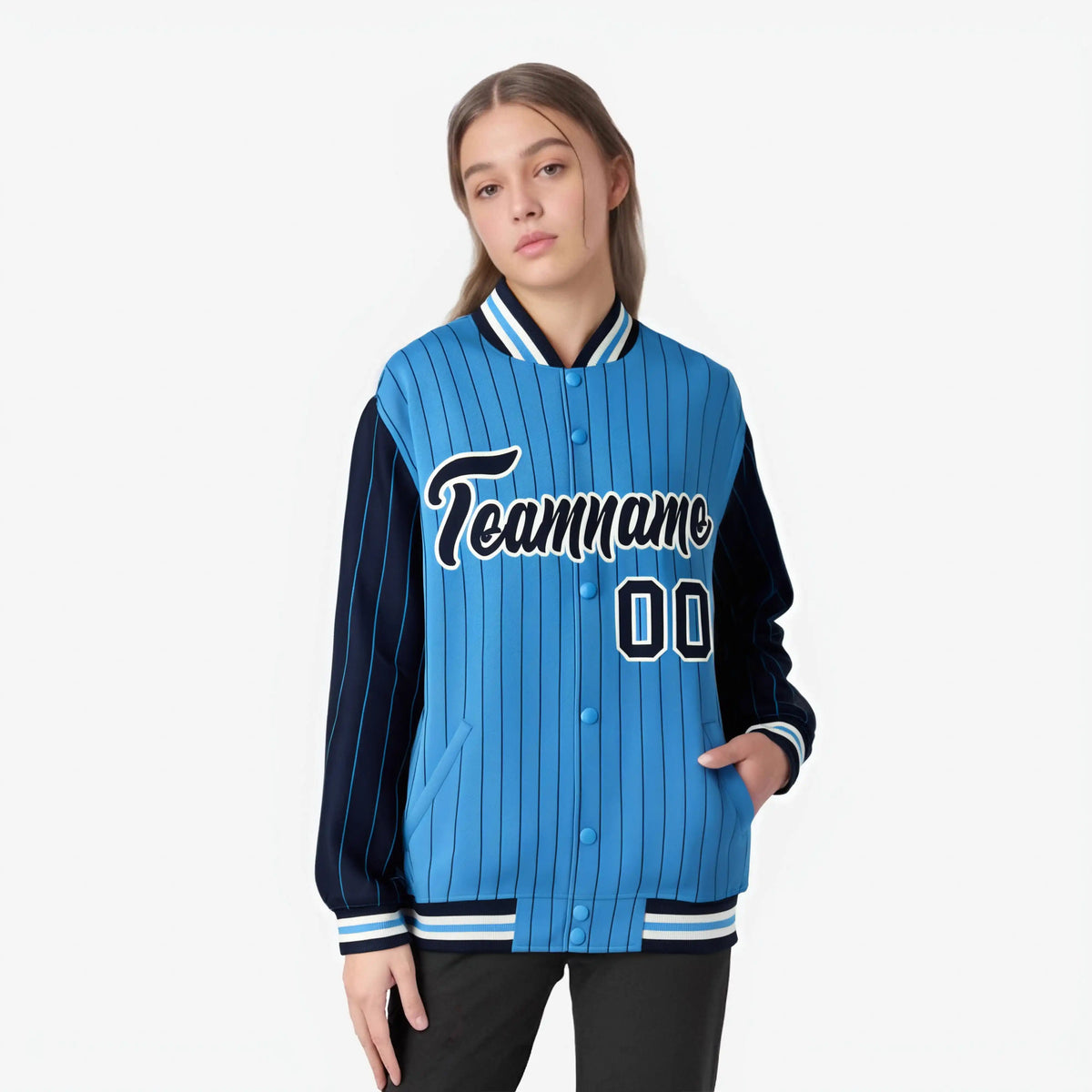 Custom Powder Blue Navy-Powder Blue Personalized Stripe Fashion Letterman Bomber Varsity Jacket