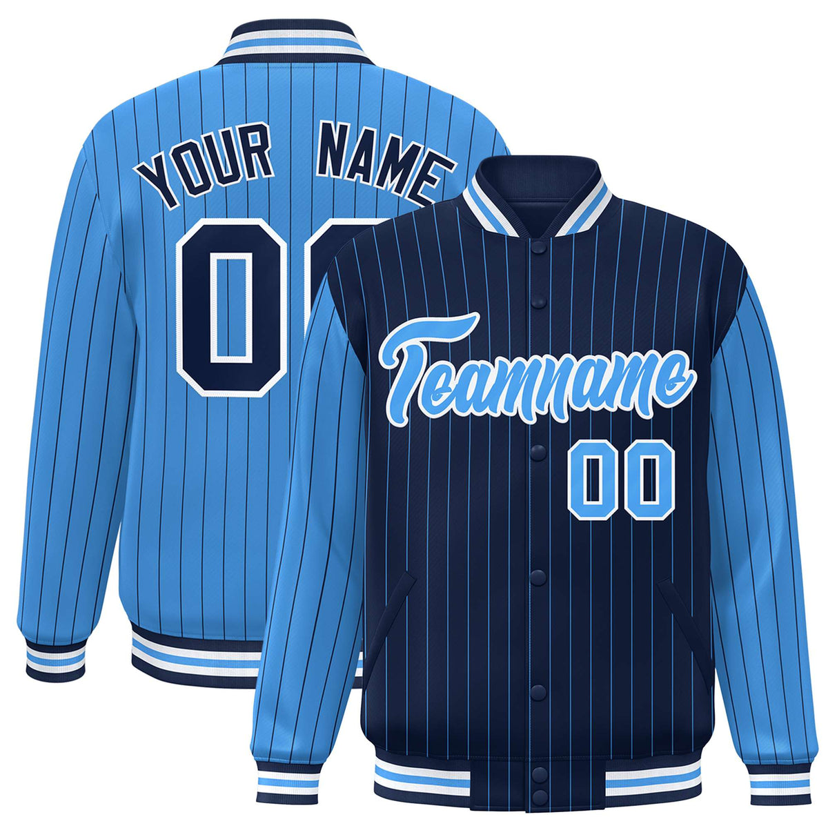 Custom Navy Powder Blue-Navy Personalized Stripe Fashion Letterman Bomber Varsity Jacket