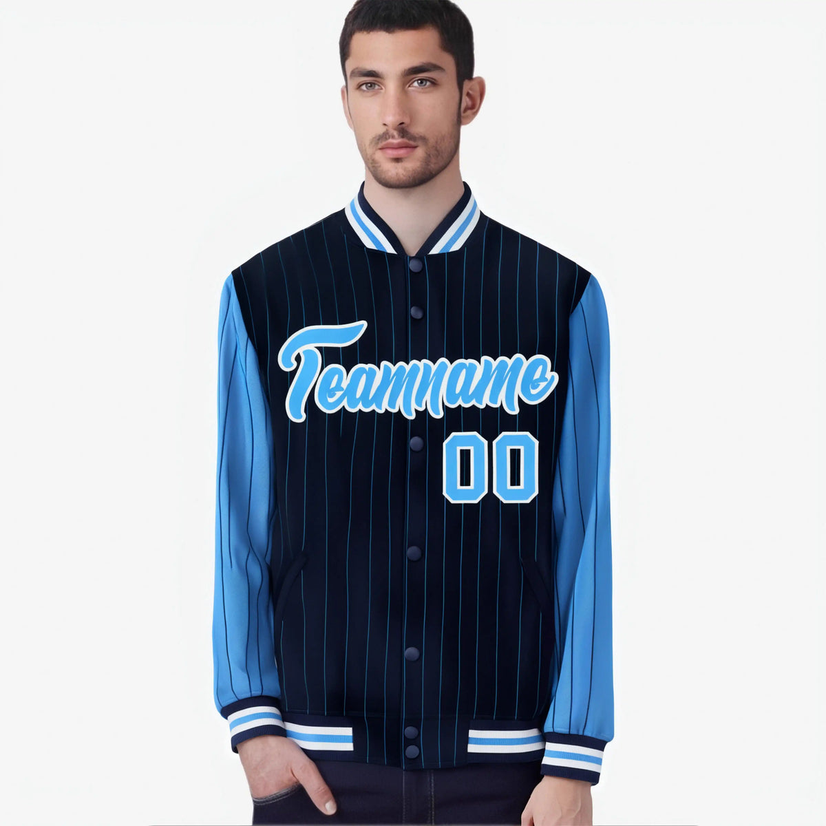 Custom Navy Powder Blue-Navy Personalized Stripe Fashion Letterman Bomber Varsity Jacket