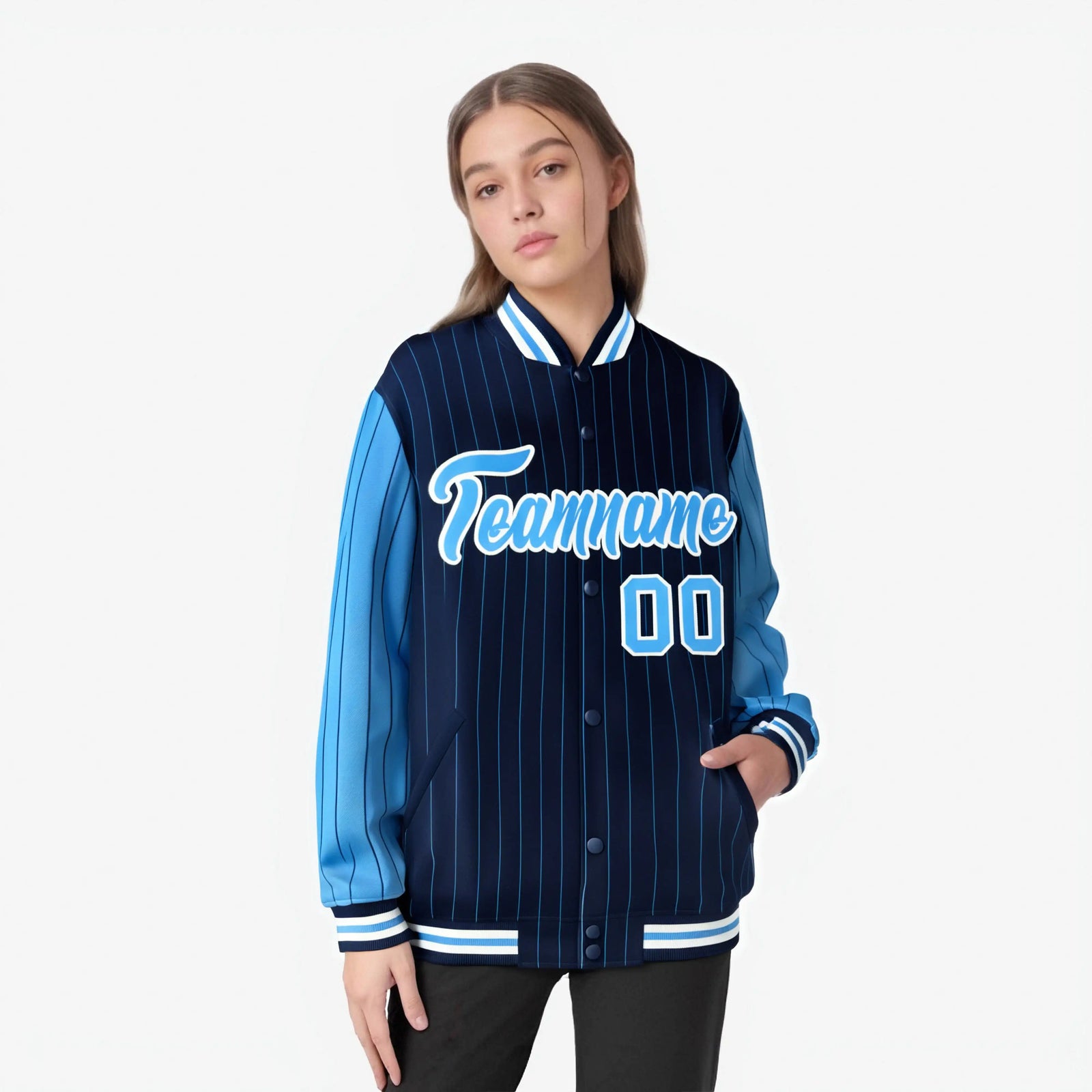 Custom Navy Powder Blue-Navy Personalized Stripe Fashion Letterman Bomber Varsity Jacket