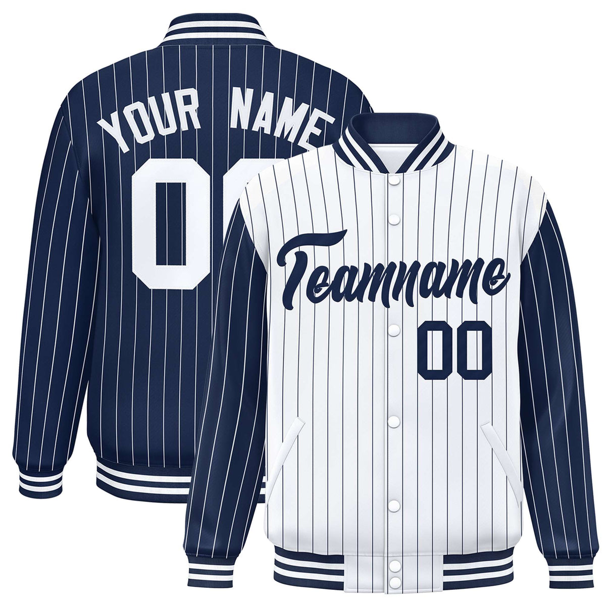 Custom White Navy-White Personalized Stripe Fashion Letterman Bomber Varsity Jacket
