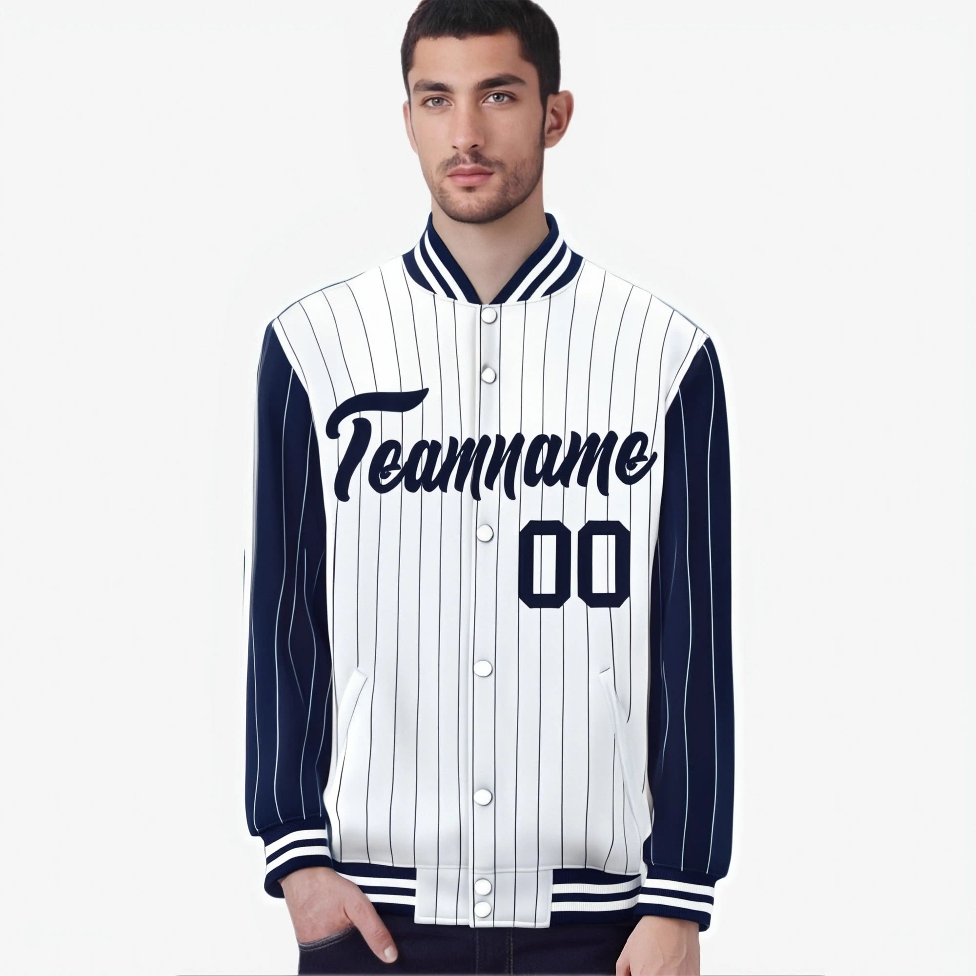 Custom White Navy-White Personalized Stripe Fashion Letterman Bomber Varsity Jacket