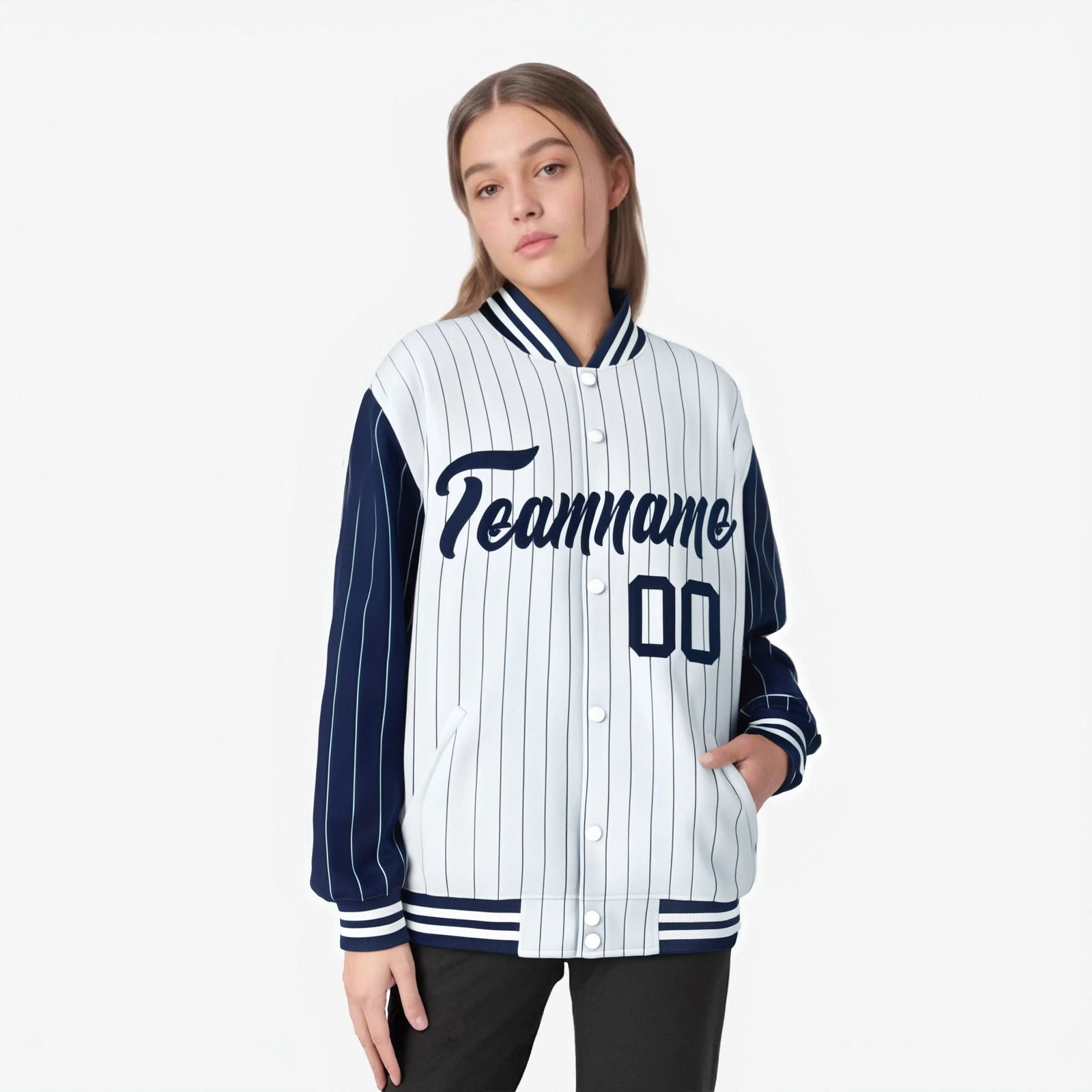 Custom White Navy-White Personalized Stripe Fashion Letterman Bomber Varsity Jacket