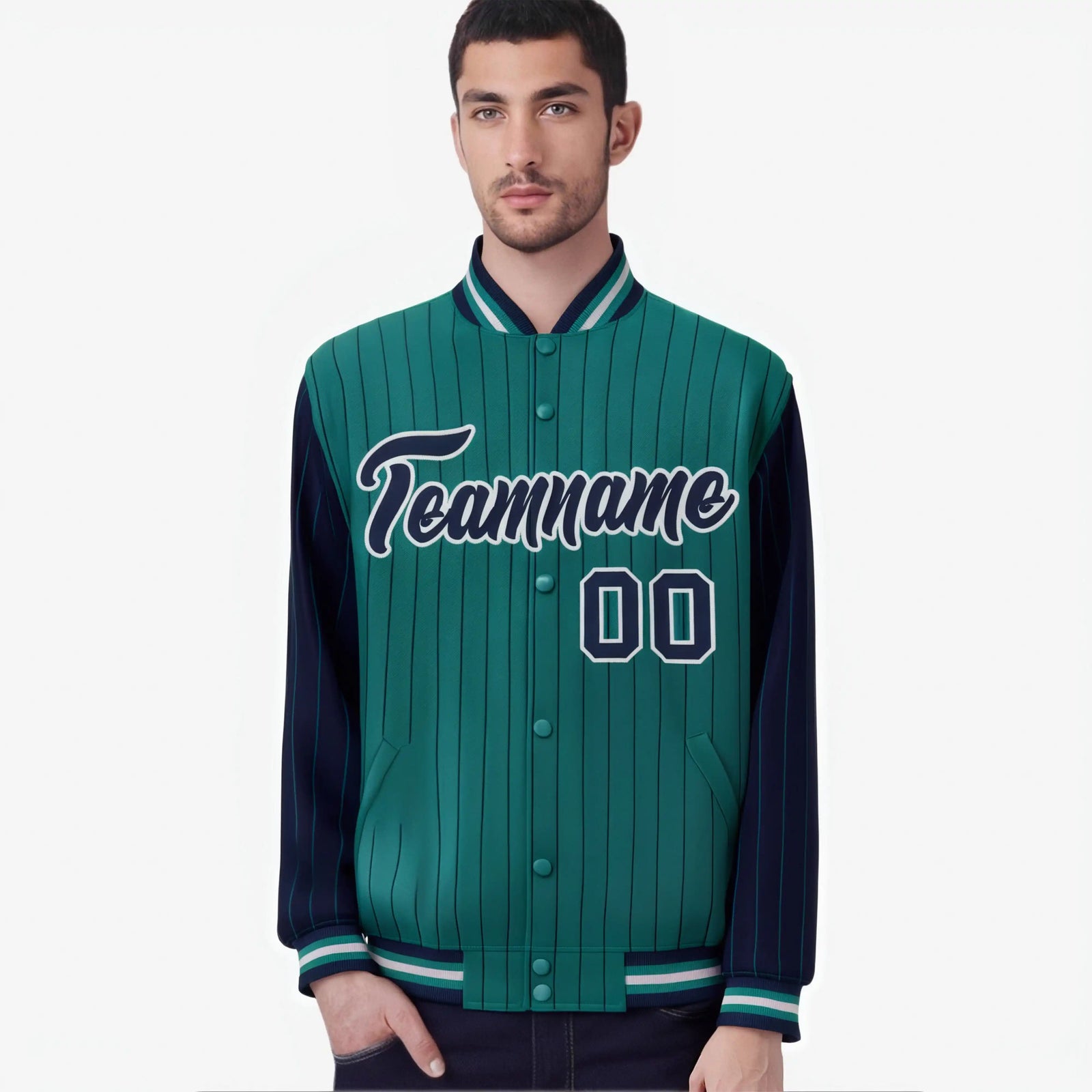 Custom Green Navy-Green Personalized Stripe Fashion Letterman Bomber Varsity Jacket