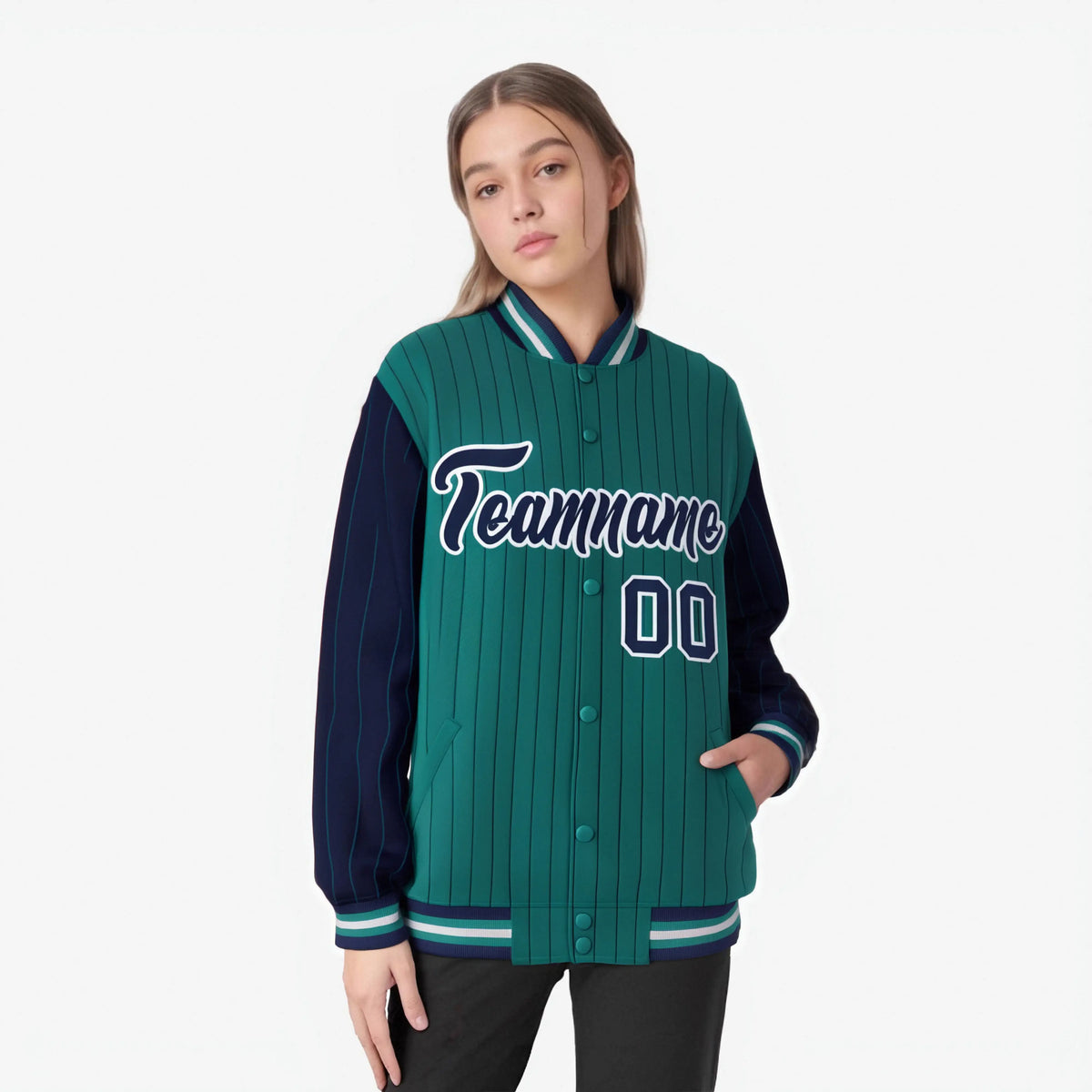 Custom Green Navy-Green Personalized Stripe Fashion Letterman Bomber Varsity Jacket