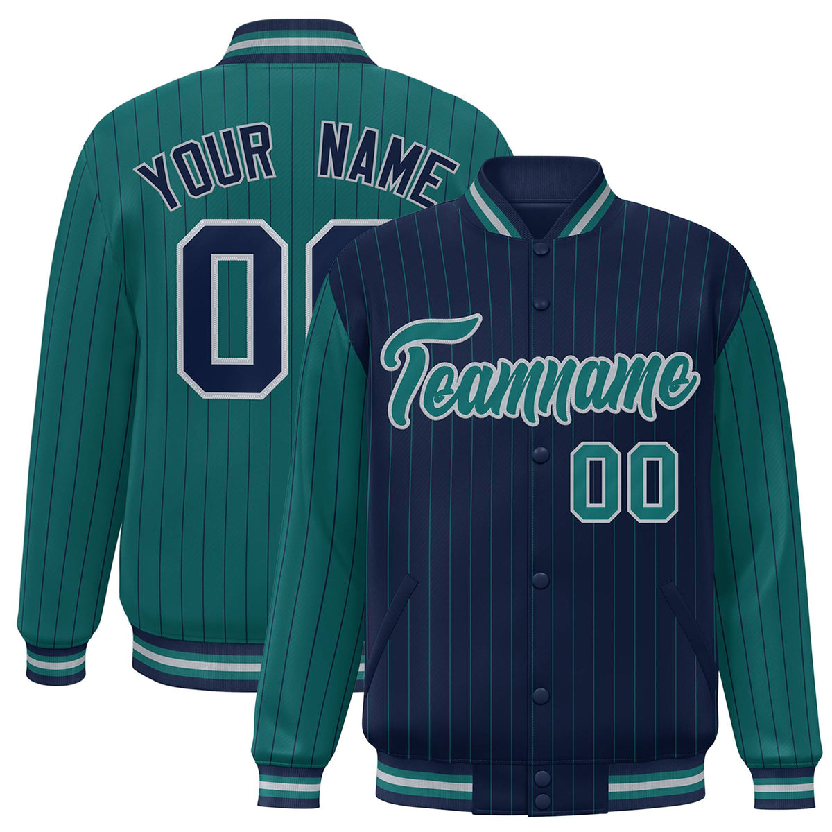 Custom Navy Green-Navy Personalized Stripe Fashion Letterman Bomber Varsity Jacket