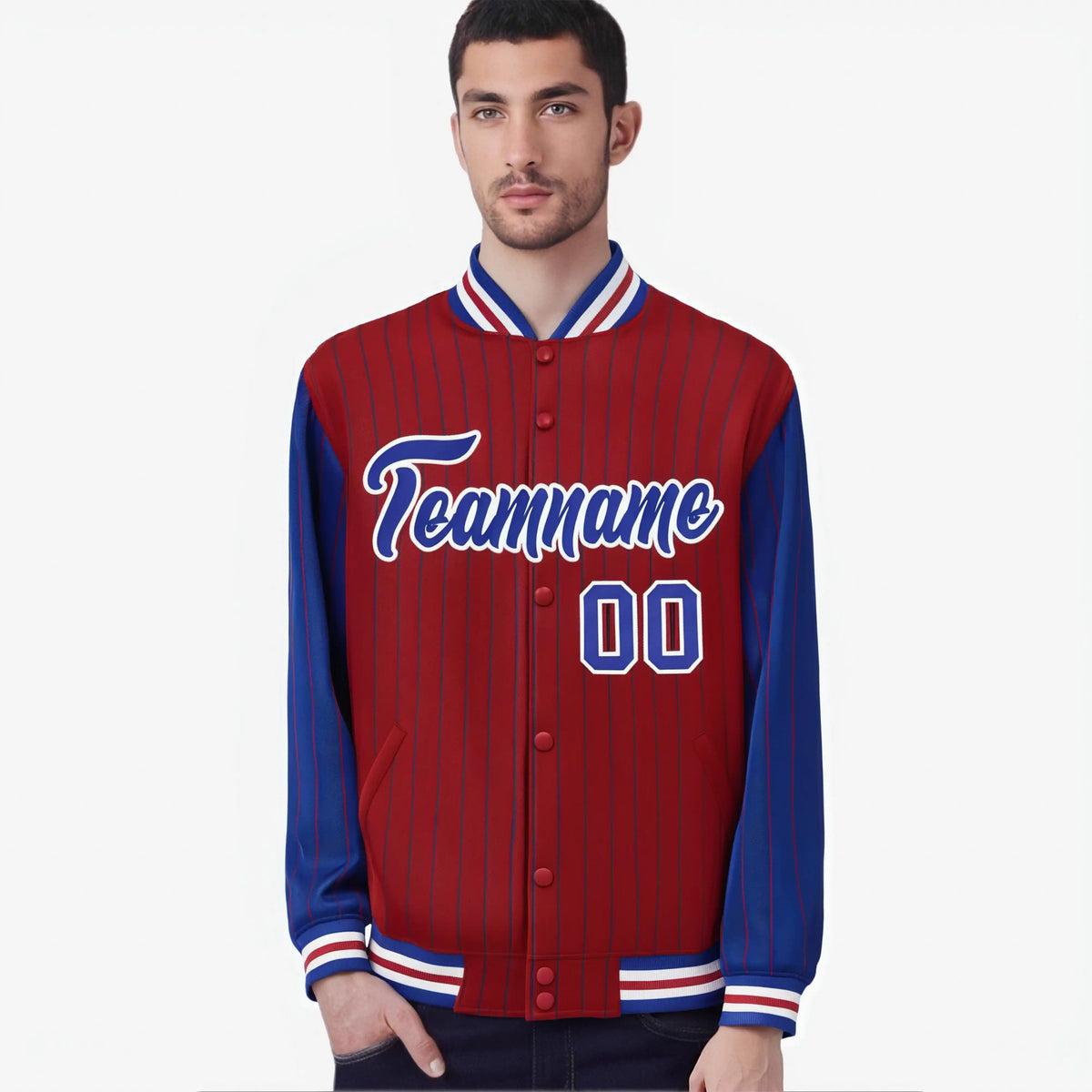 Custom Red Royal Blue-Red Personalized Stripe Fashion Letterman Bomber Varsity Jacket