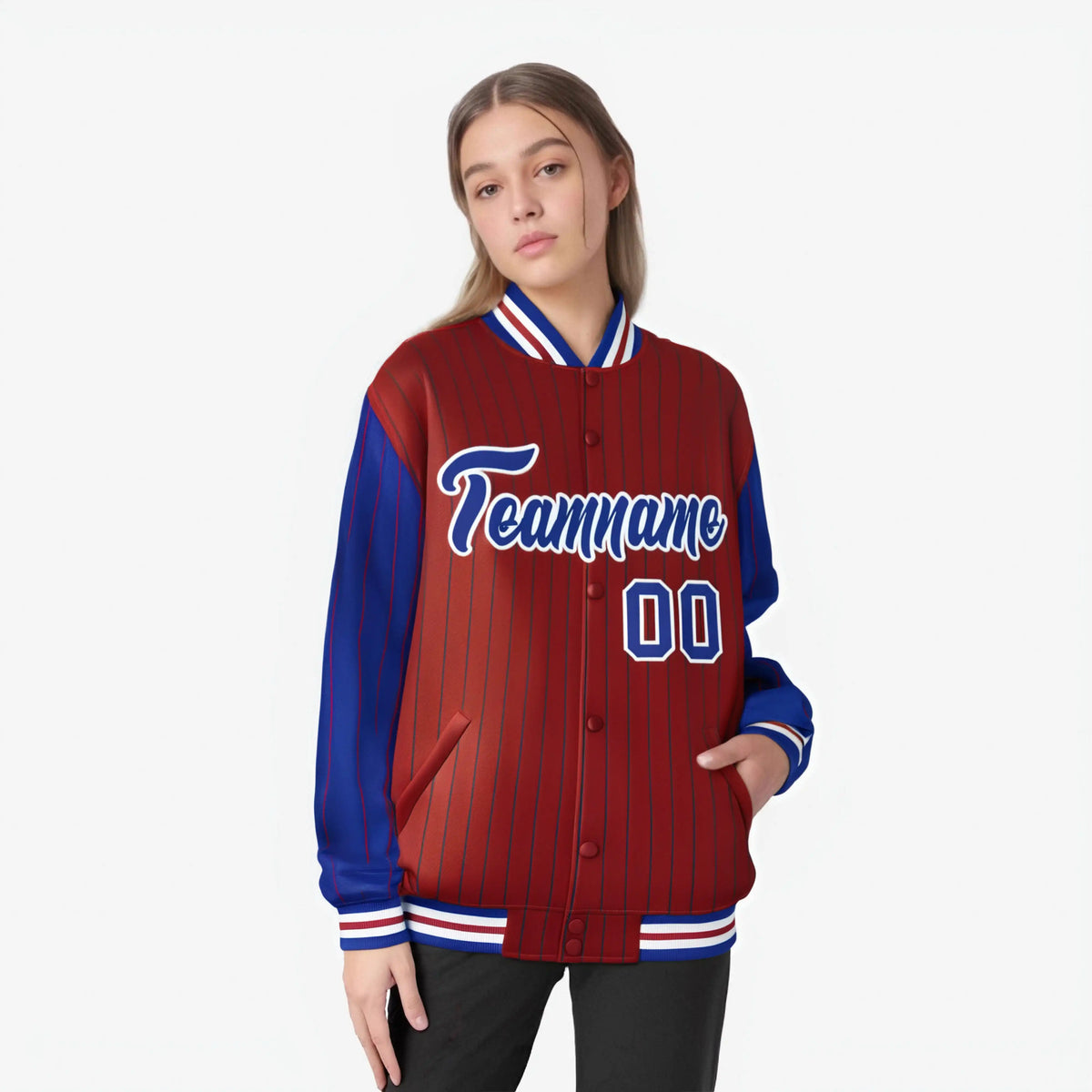 Custom Red Royal Blue-Red Personalized Stripe Fashion Letterman Bomber Varsity Jacket
