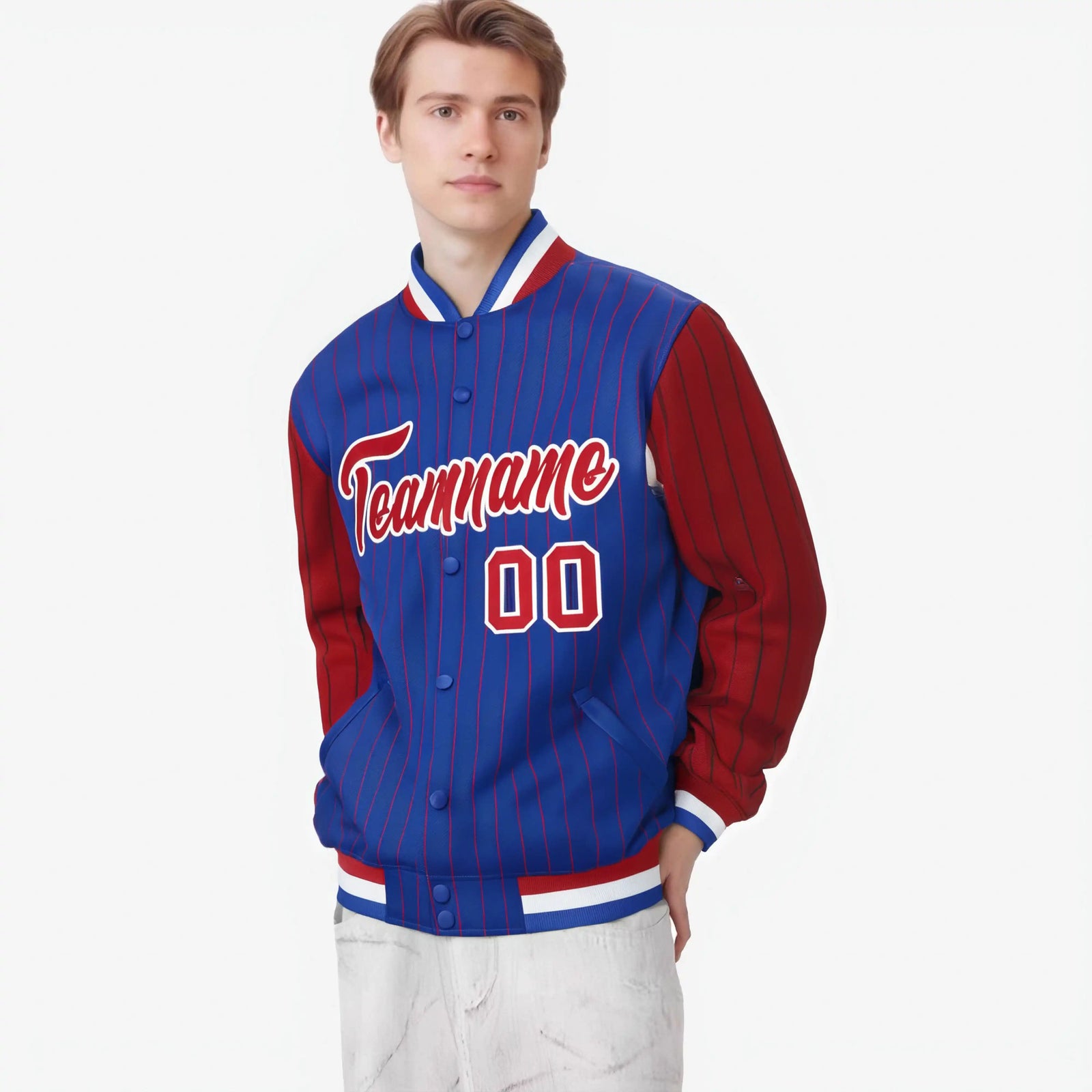 Custom Royal Blue Red-Royal Blue Personalized Stripe Fashion Letterman Bomber Varsity Jacket
