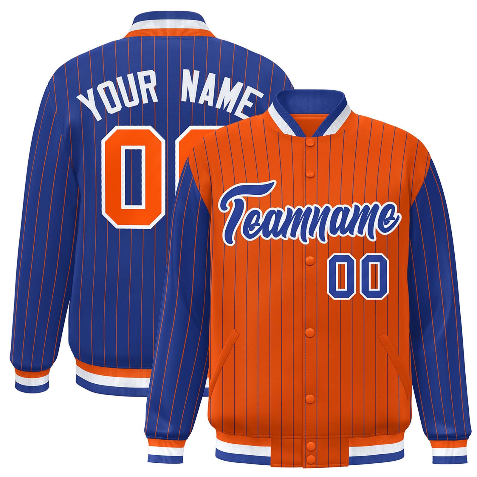 Custom Orange Royal Blue-Orange Personalized Stripe Fashion Letterman Bomber Varsity Jacket