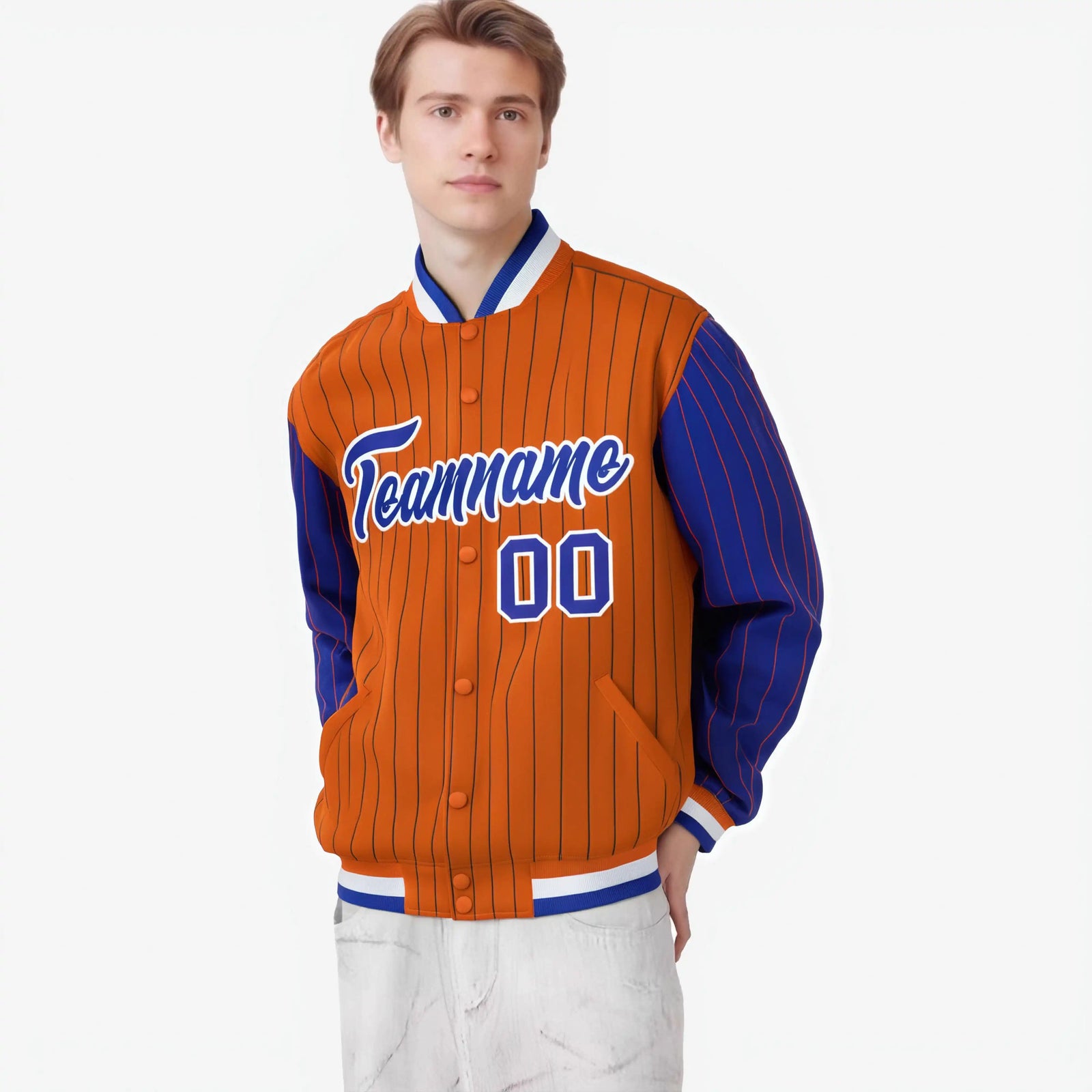 Custom Orange Royal Blue-Orange Personalized Stripe Fashion Letterman Bomber Varsity Jacket