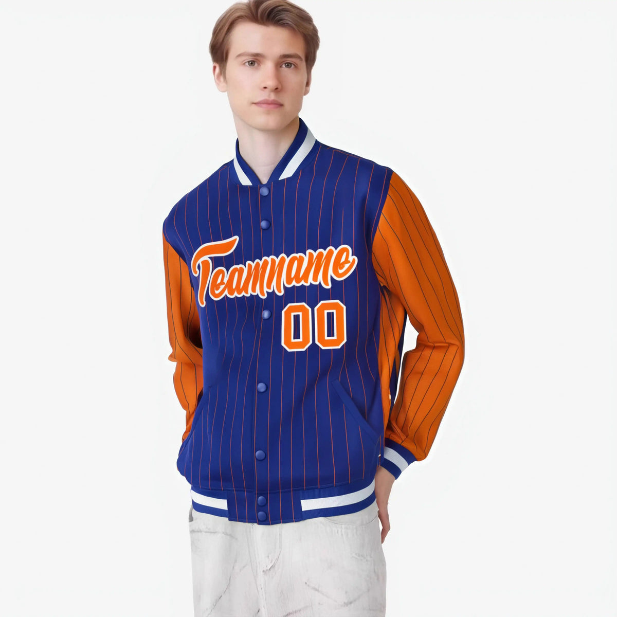 Custom Royal Blue Orange-Royal Blue Personalized Stripe Fashion Letterman Bomber Varsity Jacket