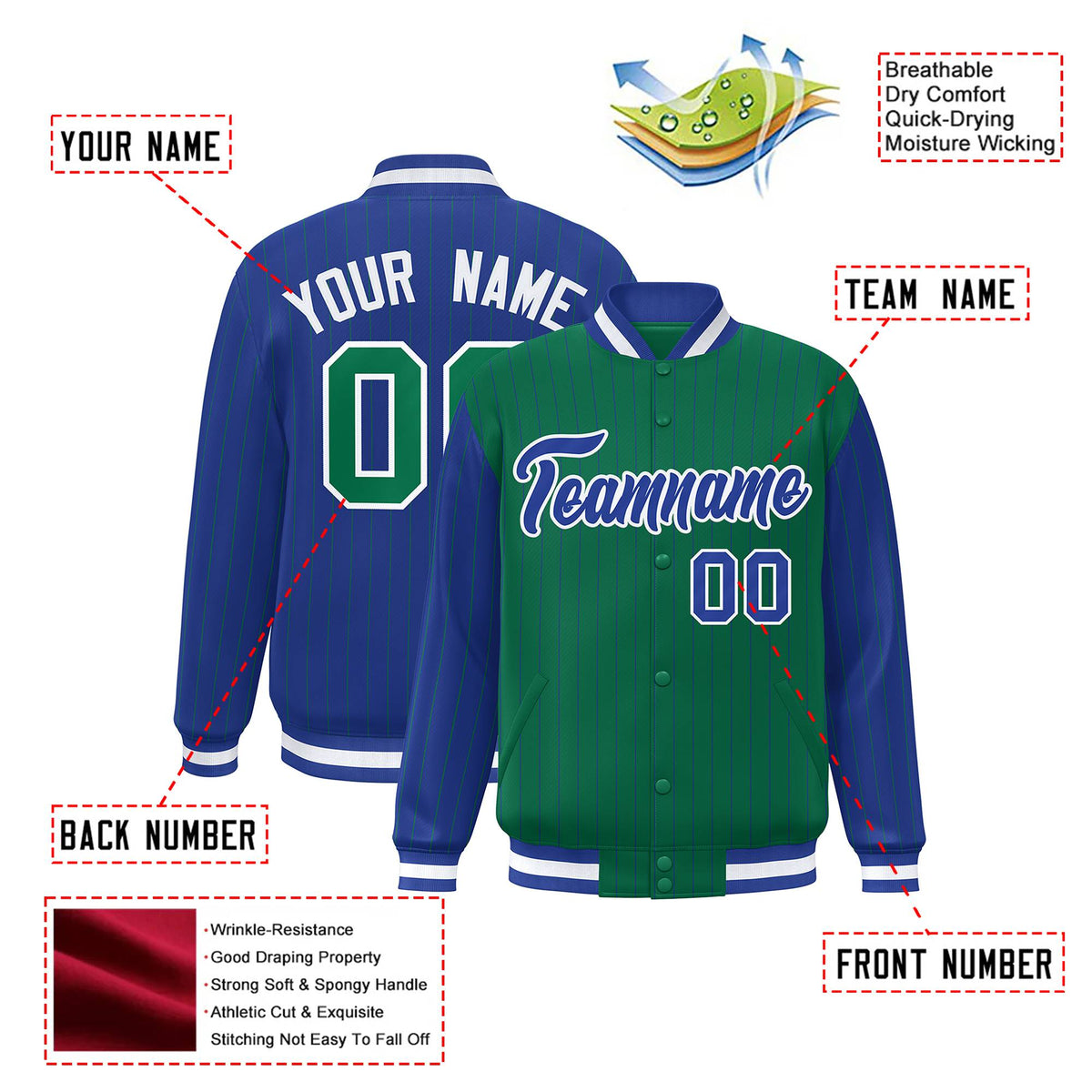 Custom Kelly Green Royal Blue-Kelly Green Personalized Stripe Fashion Letterman Bomber Varsity Jacket