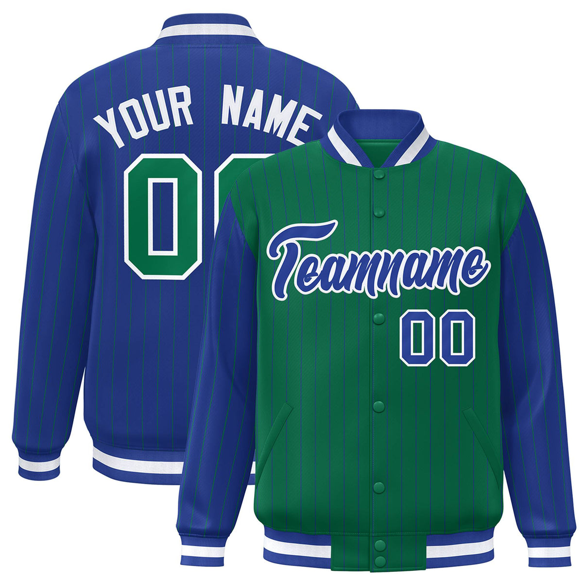 Custom Kelly Green Royal Blue-Kelly Green Personalized Stripe Fashion Letterman Bomber Varsity Jacket