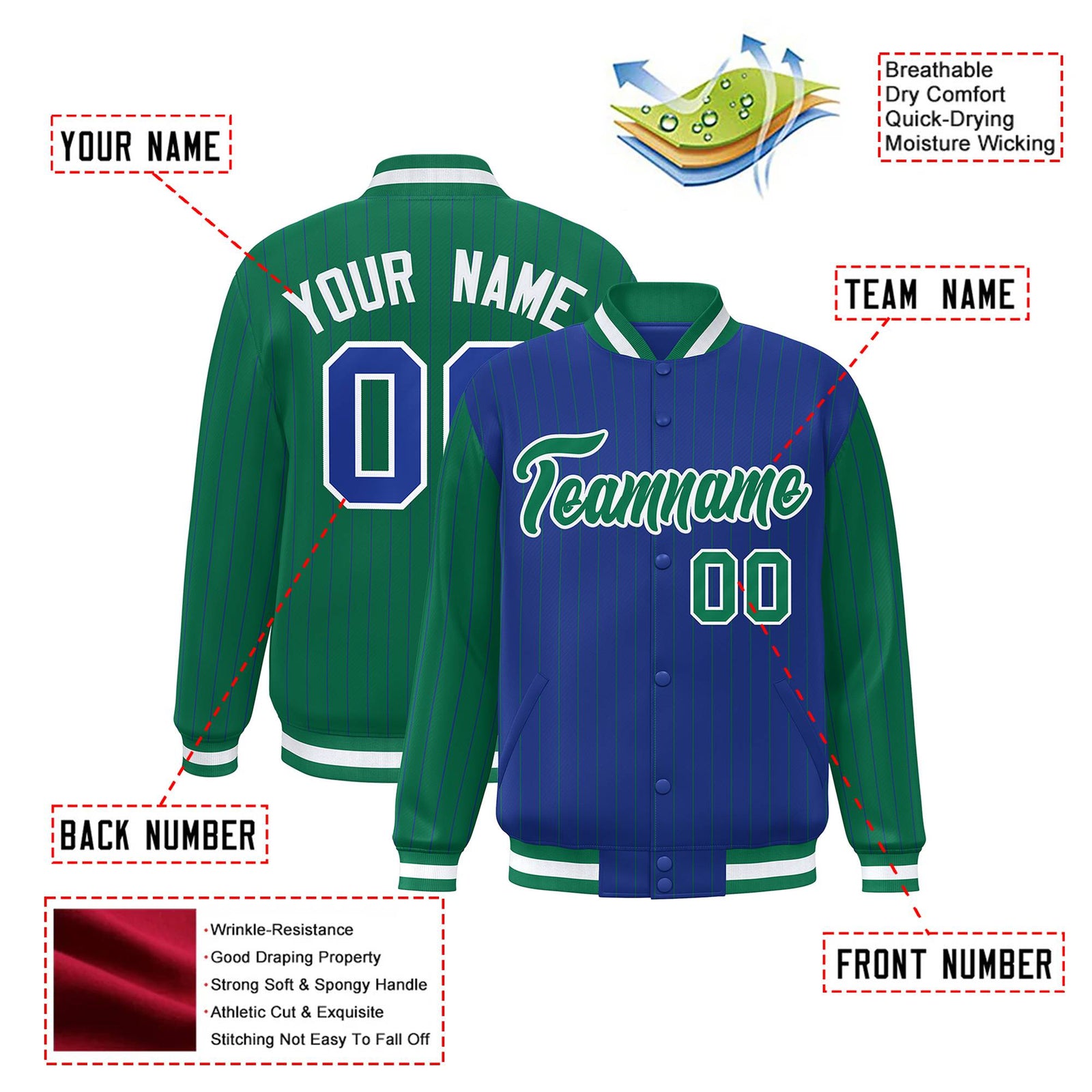 Custom Royal Blue Kelly Green-Royal Blue Personalized Stripe Fashion Letterman Bomber Varsity Jacket
