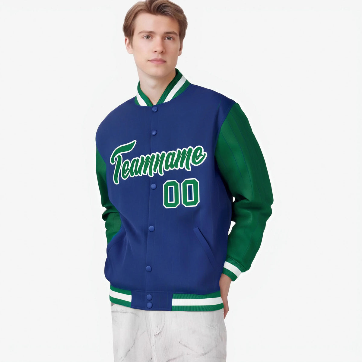 Custom Royal Blue Kelly Green-Royal Blue Personalized Stripe Fashion Letterman Bomber Varsity Jacket