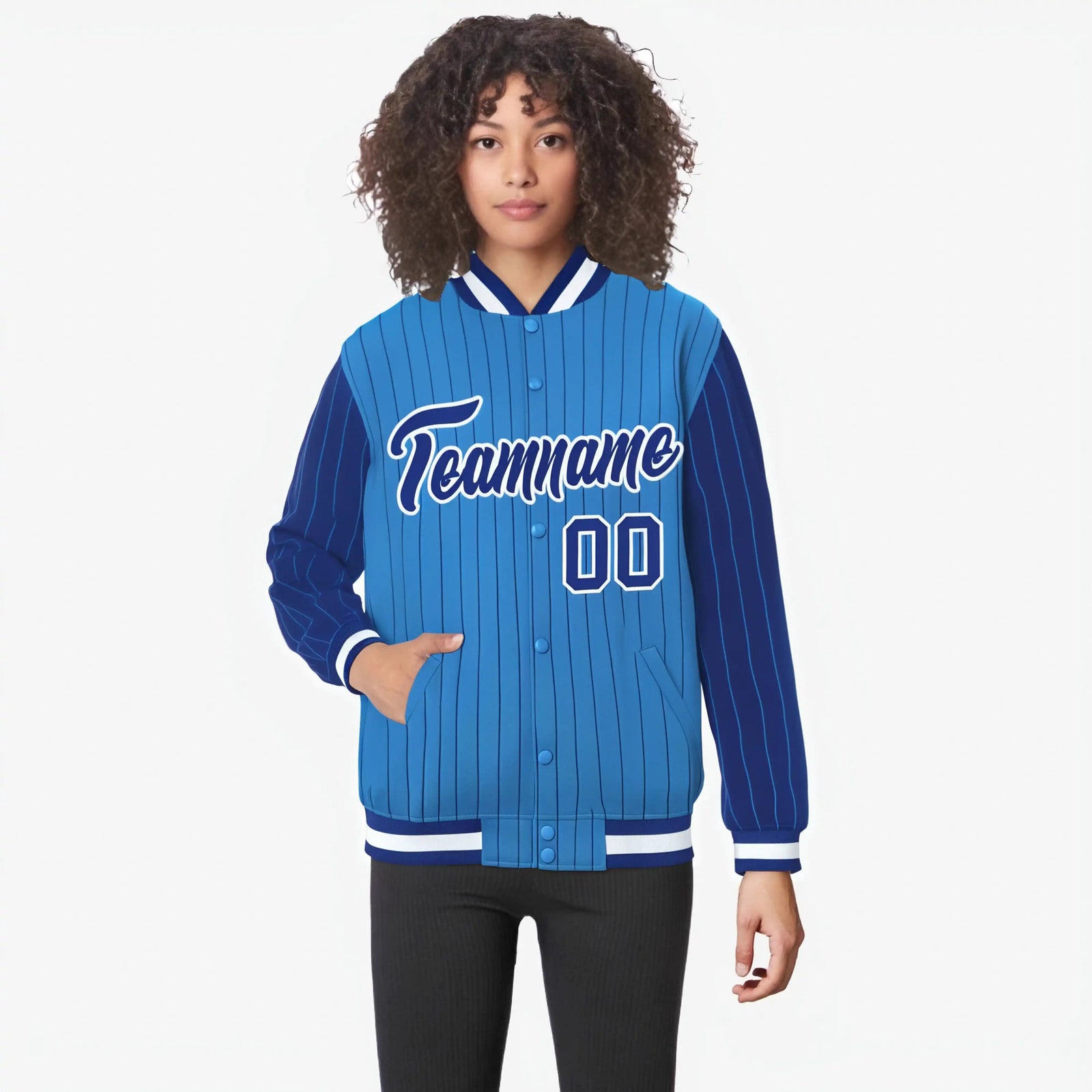 Custom Powder Blue Royal Blue-Powder Blue Personalized Stripe Fashion Letterman Bomber Varsity Jacket