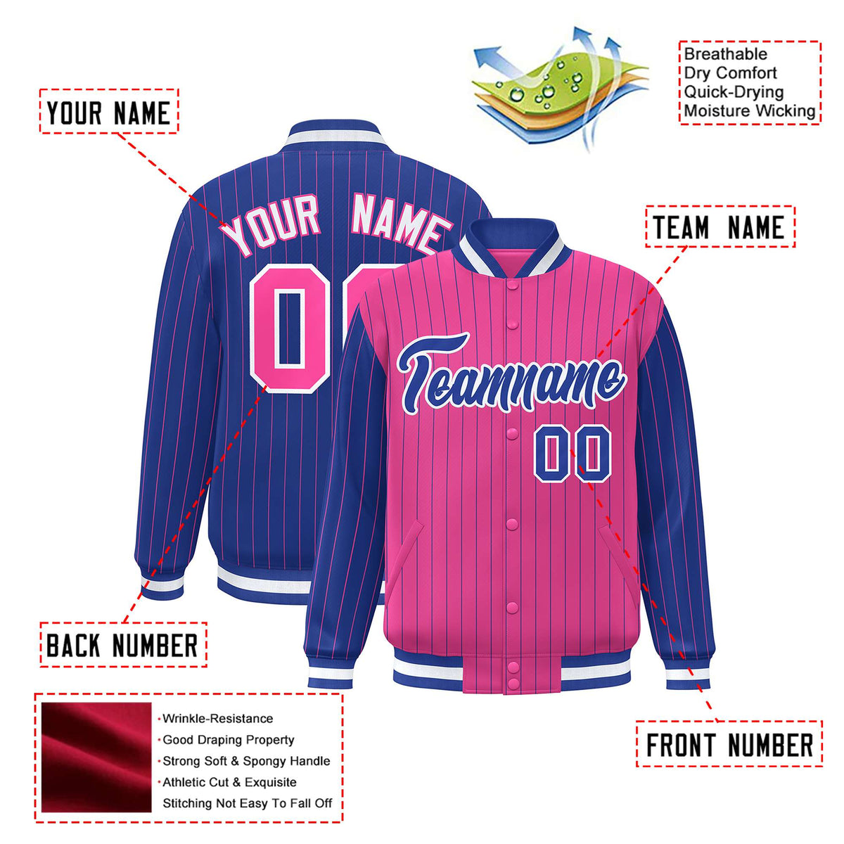 Custom Pink Royal Blue-Pink Personalized Stripe Fashion Letterman Bomber Varsity Jacket