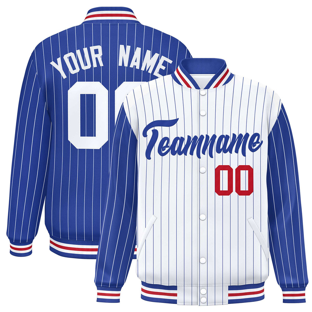 Custom White Royal Blue-White Personalized Stripe Fashion Letterman Bomber Varsity Jacket